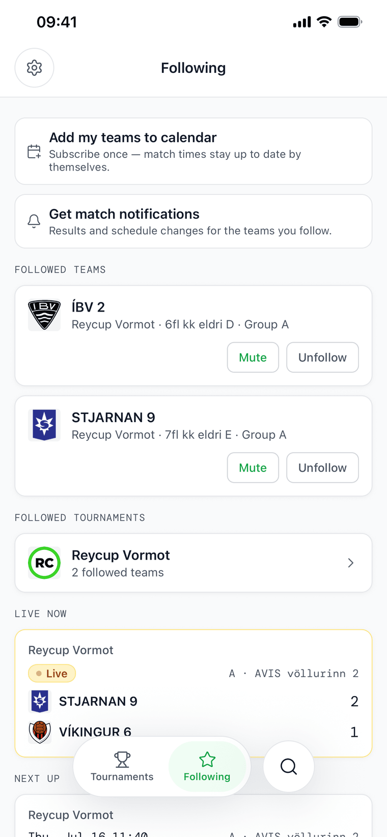 The FairGame Sports Following tab — match-notification and calendar controls above a list of followed teams and a live score