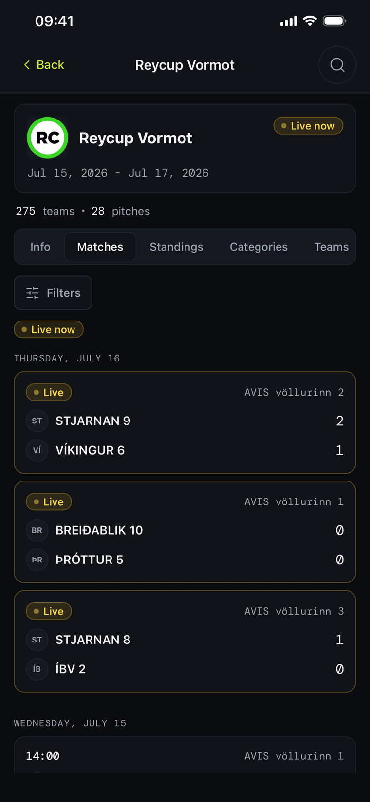 FairGame Sports in dark mode showing live match scores across several pitches