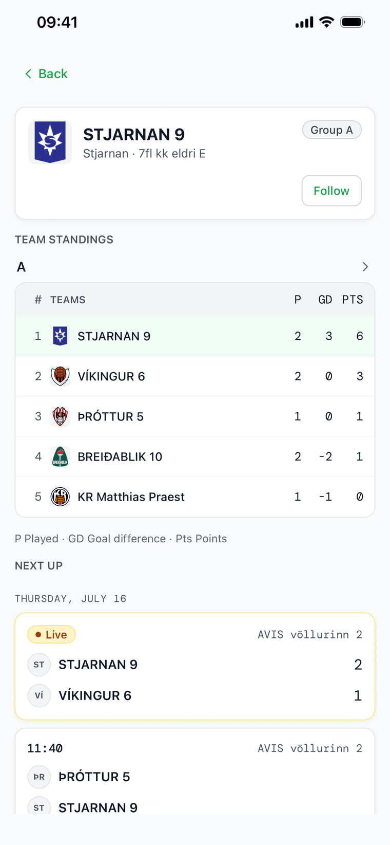 A team page in FairGame Sports with a Follow button, live group standings and the team’s next match