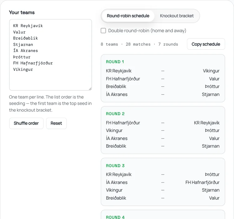 The interactive tournament generator with eight Icelandic clubs entered — the team list and seeding on the left, the generated round-robin schedule updating live on the right, with the knockout bracket one toggle away