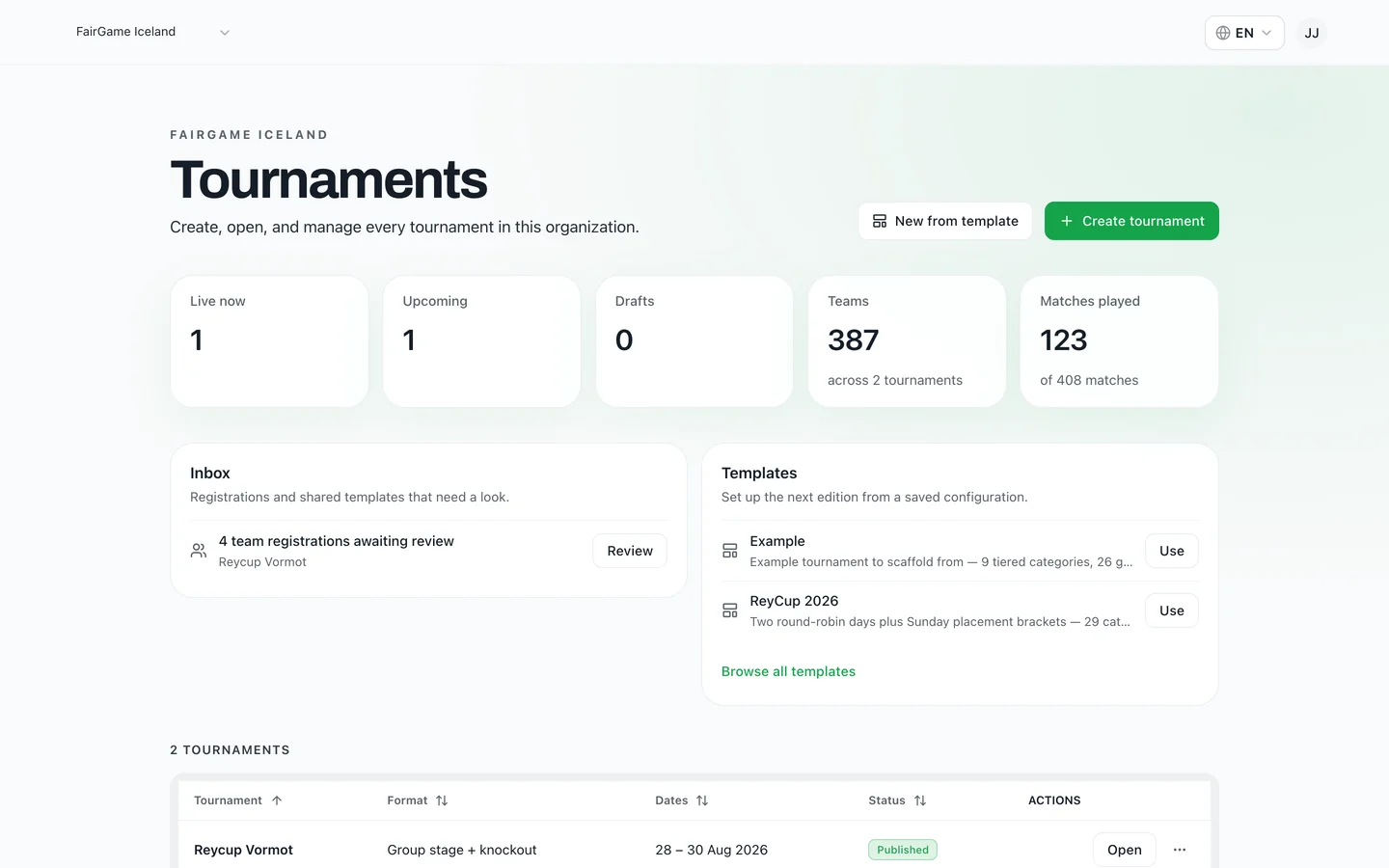 The FairGame tournament dashboard showing live, upcoming and draft counts, total teams and matches played, an inbox for registrations, and a templates card for scaffolding the next edition