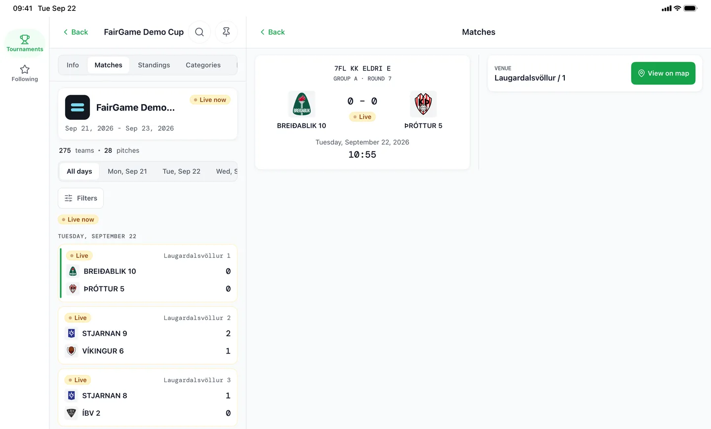 The FairGame app on iPad: a navigation rail on the left, the FairGame Demo Cup's live matches in the middle, and the match that was tapped open beside it