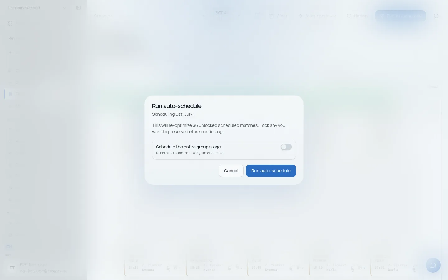 FairGame's auto-schedule dialog running the solver to place every group-stage match across both tournament days in a single solve