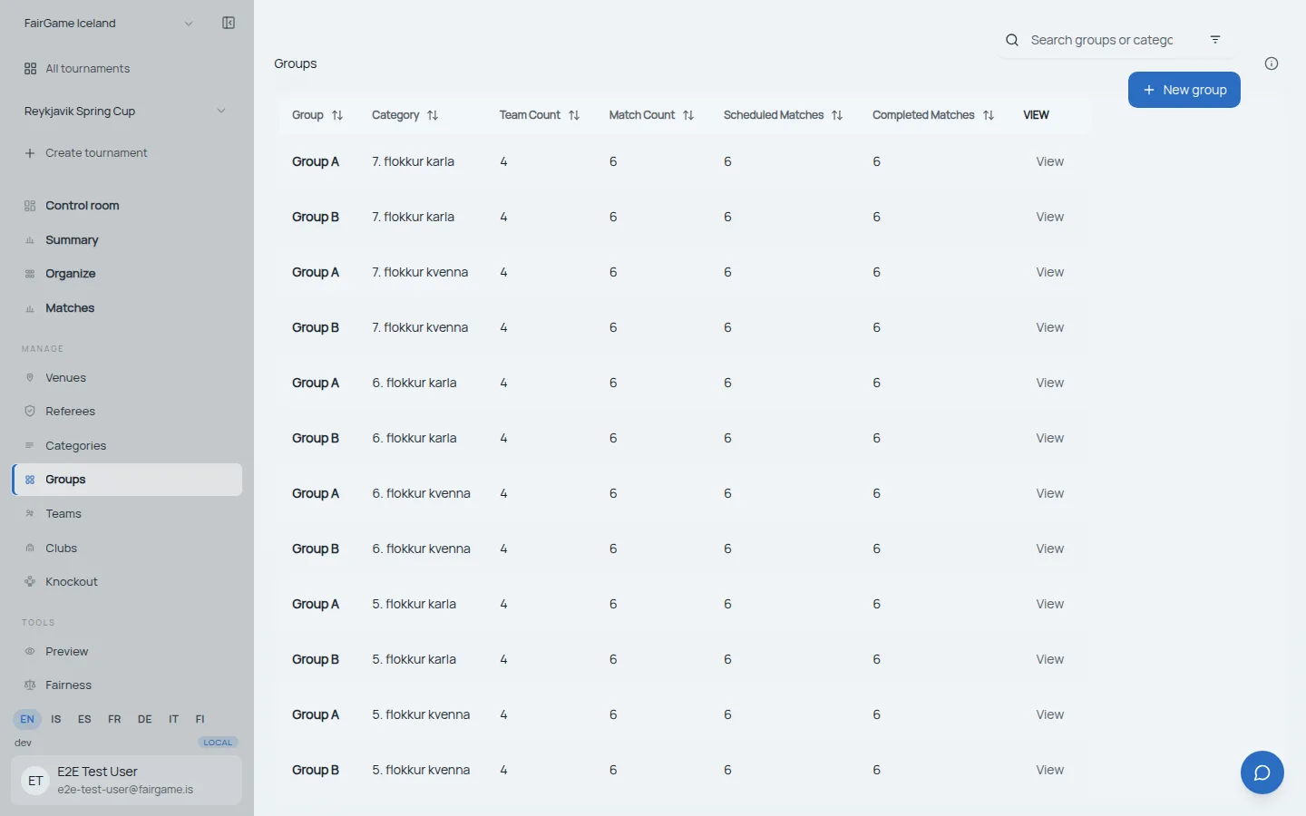 FairGame's groups view listing every group with its team count, match count and scheduled matches
