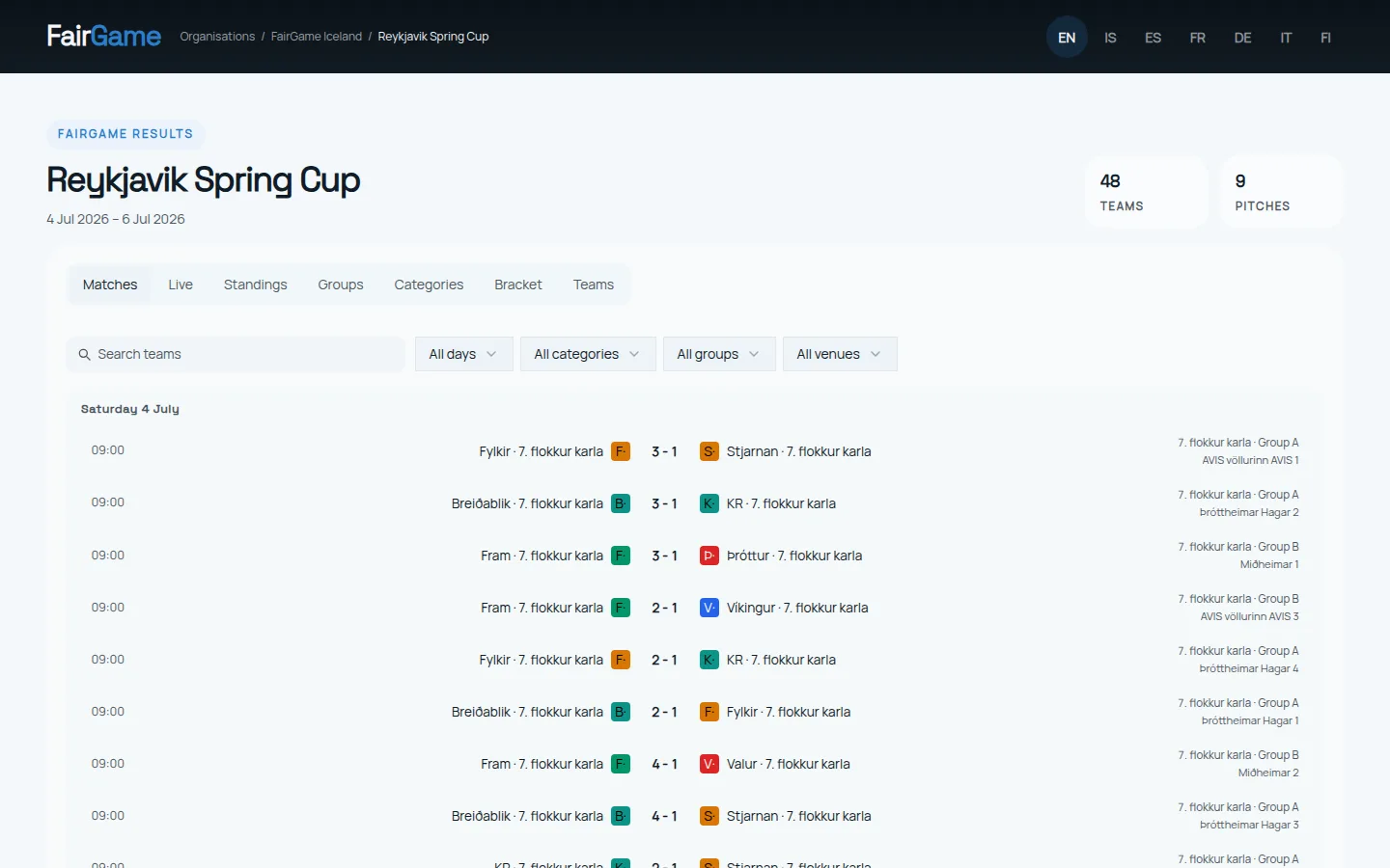 FairGame's public results page showing live match results by day, with team badges, scores, groups and pitches for players and parents to follow
