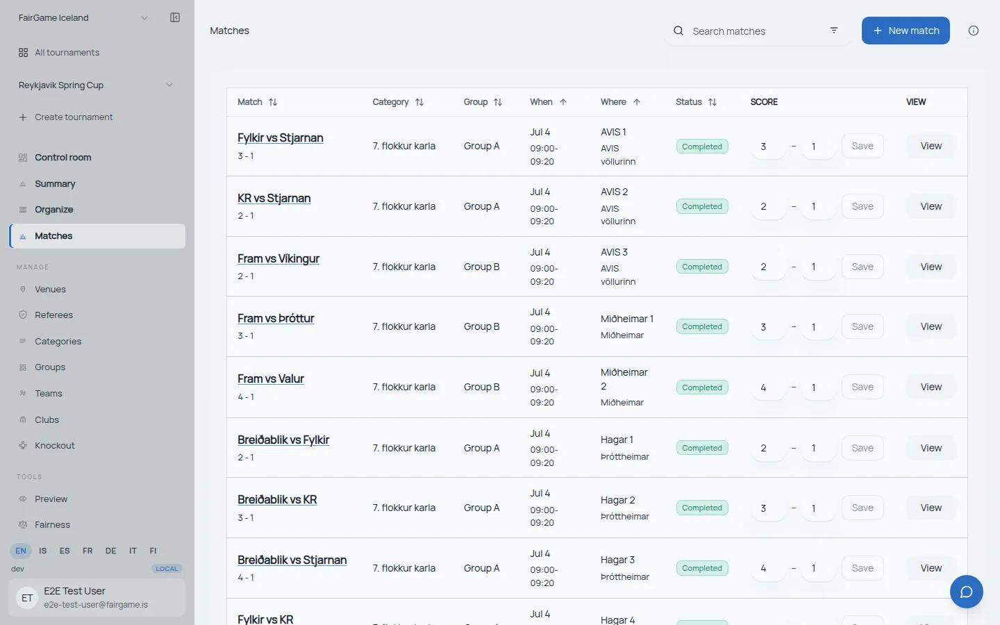 FairGame's match list — every fixture with its time, pitch, group and score in one table, the kind of list organizers otherwise keep in a spreadsheet