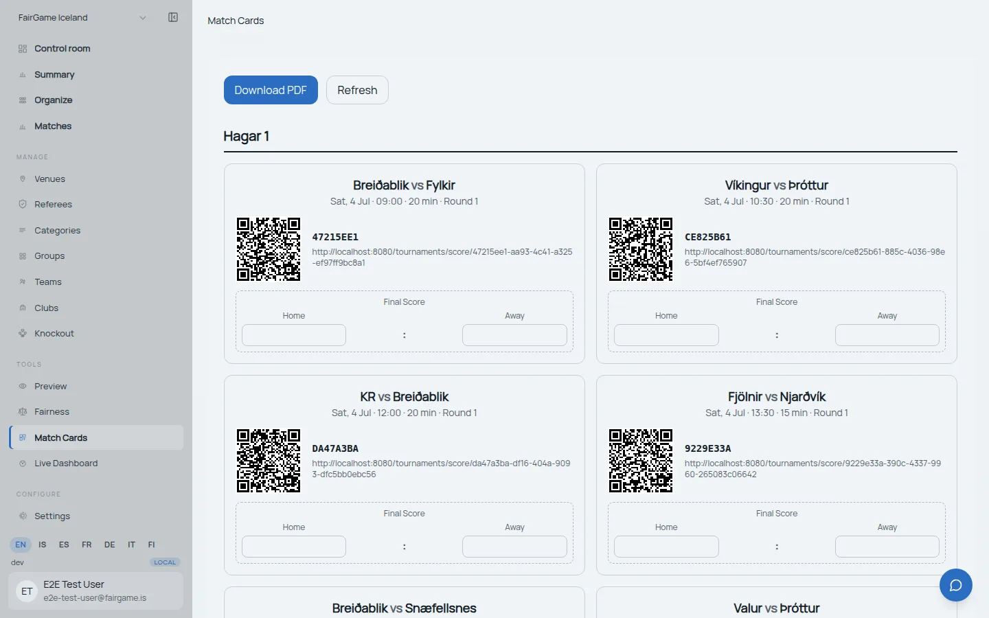 Printable FairGame match cards, each with the teams, kickoff time, pitch and a QR code a referee scans to open that match's score-entry page