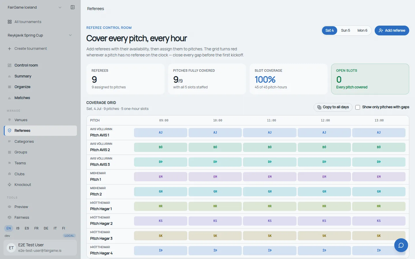 FairGame's referee coverage grid with an official assigned to every pitch and every hour of the day, showing full coverage and zero open slots
