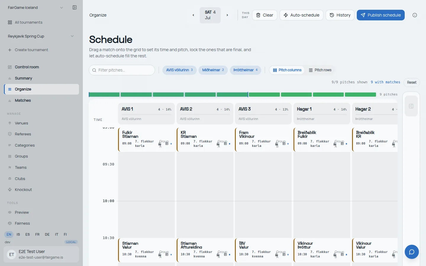 FairGame's scheduling grid with an auto-generated round-robin fixture list placed conflict-free across every pitch and time slot
