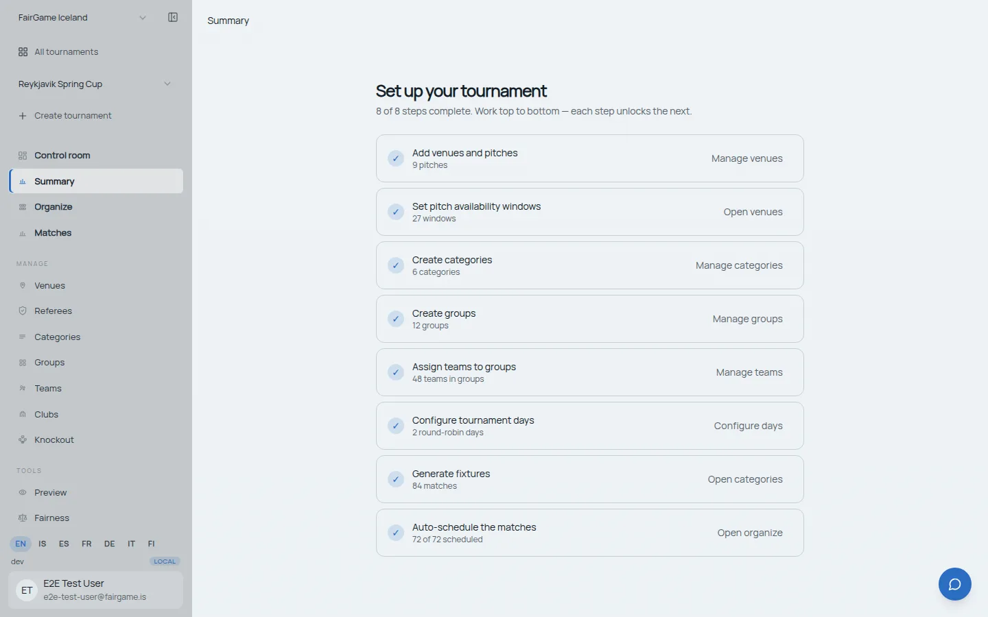 FairGame's tournament setup checklist walking an organizer through venues, categories, groups, teams, fixtures and scheduling step by step