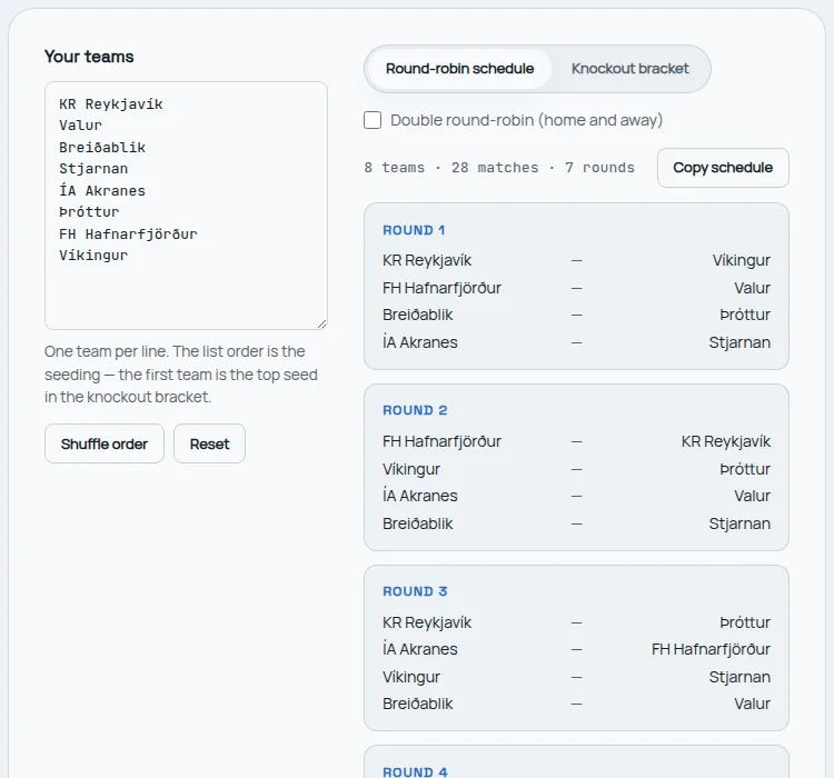 The interactive tournament generator with eight Icelandic clubs entered — the team list and seeding on the left, the generated round-robin schedule updating live on the right, with the knockout bracket one toggle away