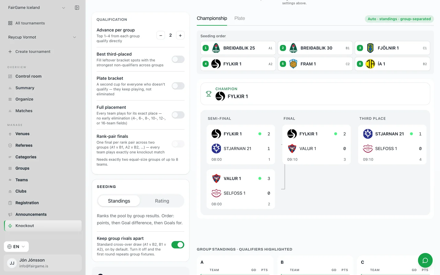 En slutspilsgenerator, der omdanner puljeresultater til et seedet slutspilsskema, hvor de bedst placerede hold fra hver pulje kvalificerer sig og seedes efter deres placering