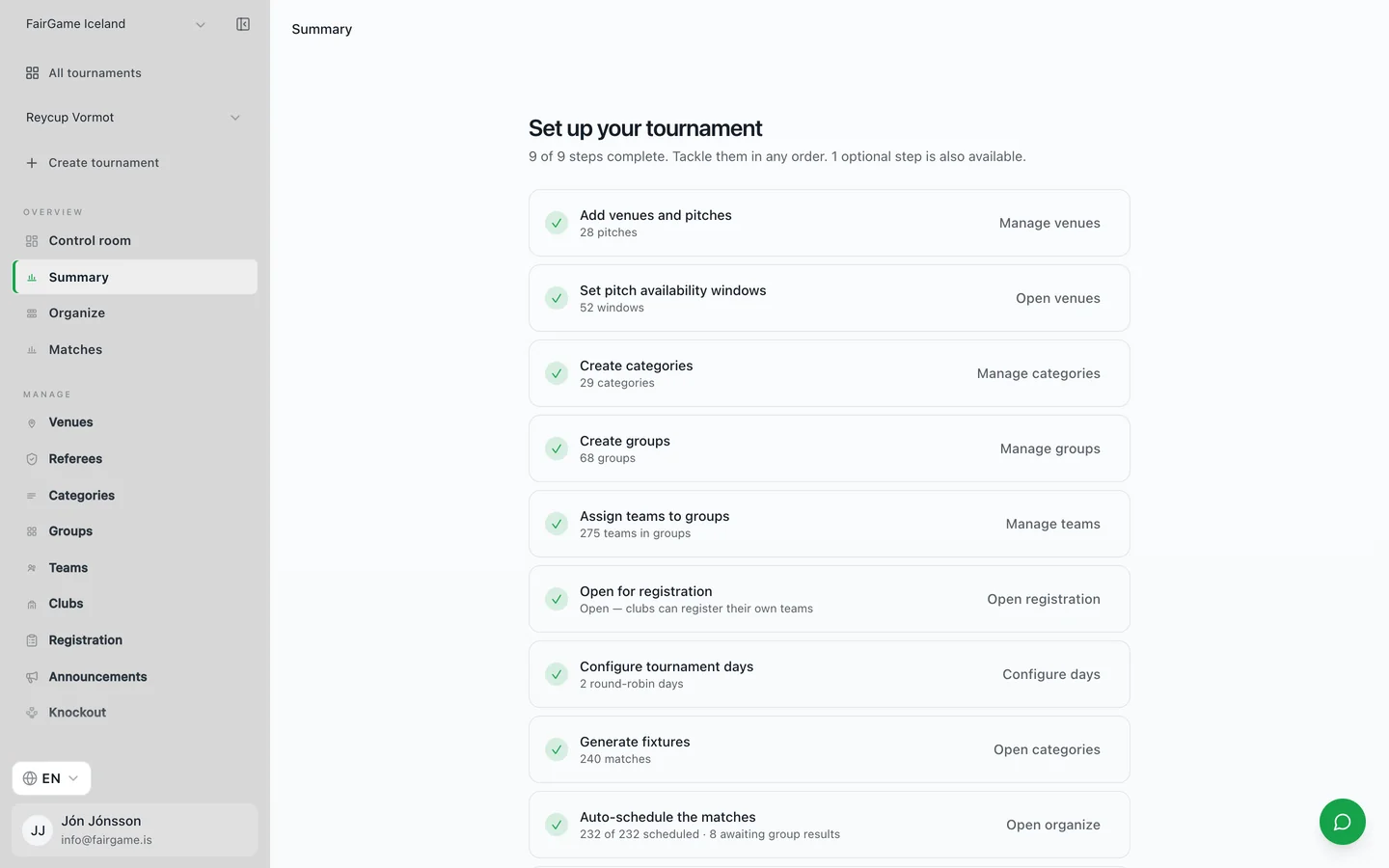 Die Checkliste zur Turnier-Einrichtung von FairGame, die einen Veranstalter Schritt für Schritt durch Austragungsorte, Kategorien, Gruppen, Teams, Begegnungen und den Spielplan führt