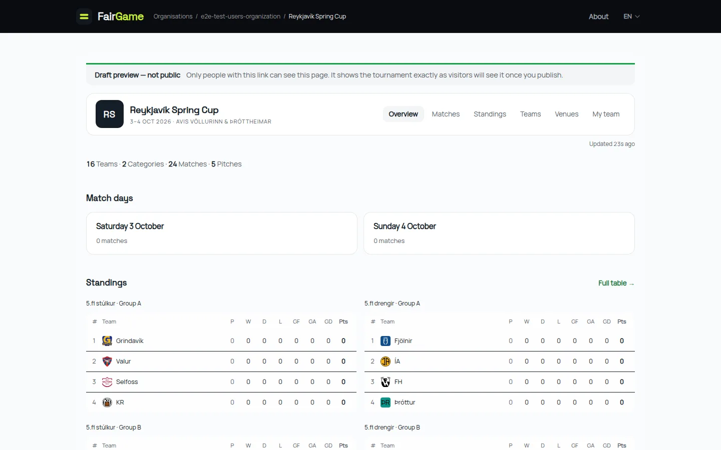 Die öffentliche Turnierseite eines Entwurfs mit dem Banner „Entwurfsvorschau — nicht öffentlich“, das erklärt, dass nur Personen mit dem Link sie sehen können, über der echten Turnierübersicht mit 16 Teams, 2 Kategorien, 24 Spielen und 5 Plätzen