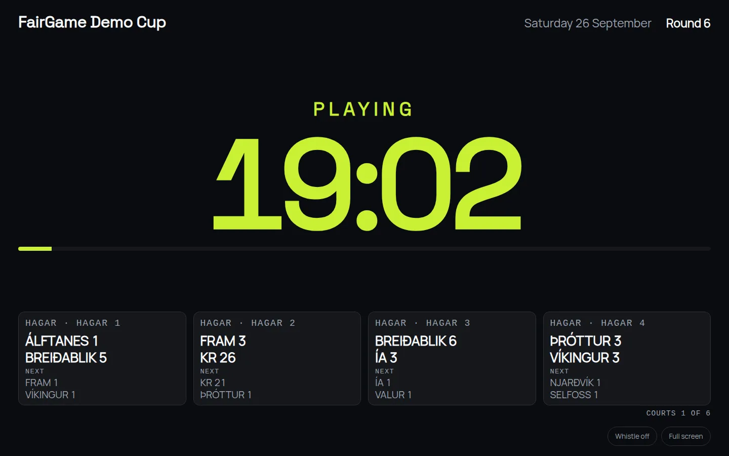 Die Hallenanzeige für den FairGame Demo Cup: „Spiel läuft“ über einem großen Countdown von 19:02 für Runde 6, darunter vier Platzkarten, die jeweils das laufende und das nächste Spiel zeigen