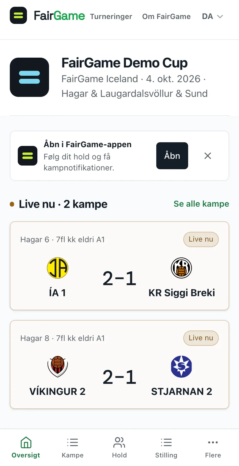 En offentliggjort turnering på en telefon med banneret Åbn i FairGame-appen under turneringens top.