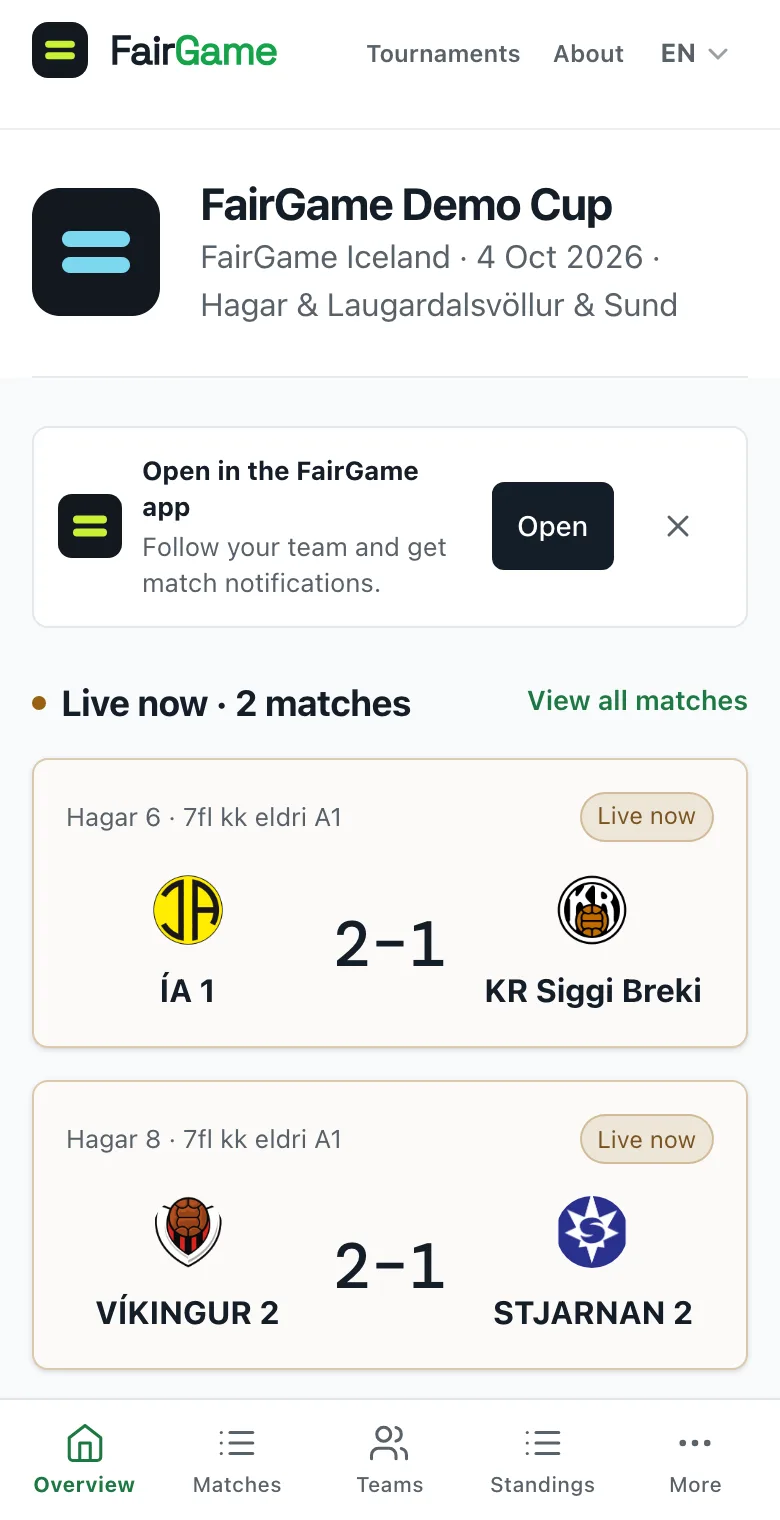 A published tournament on a phone, with the Open in the FairGame app banner under the tournament header.