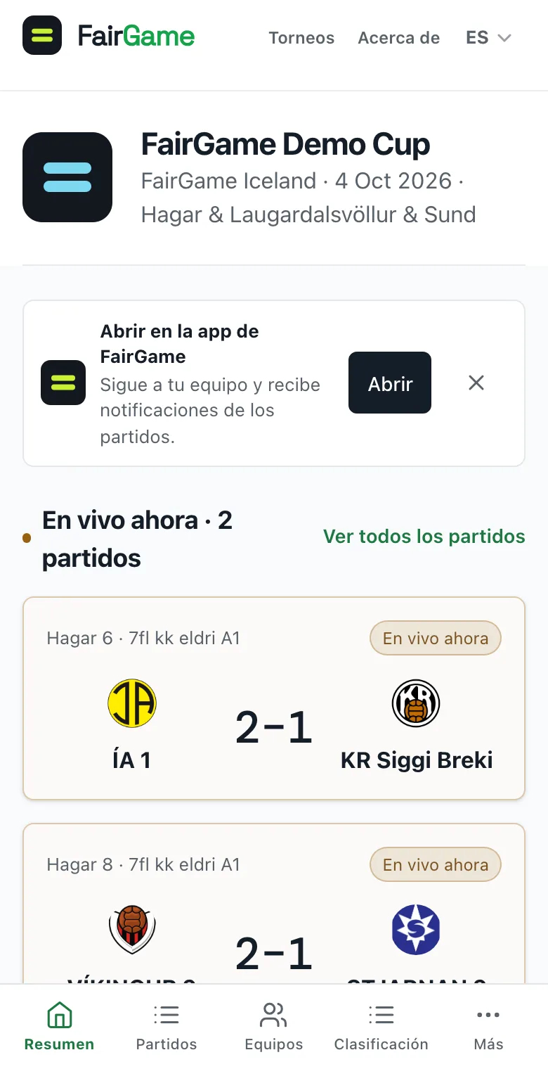 Un torneo publicado en un teléfono, con el banner Abrir en la app de FairGame debajo de la cabecera del torneo.