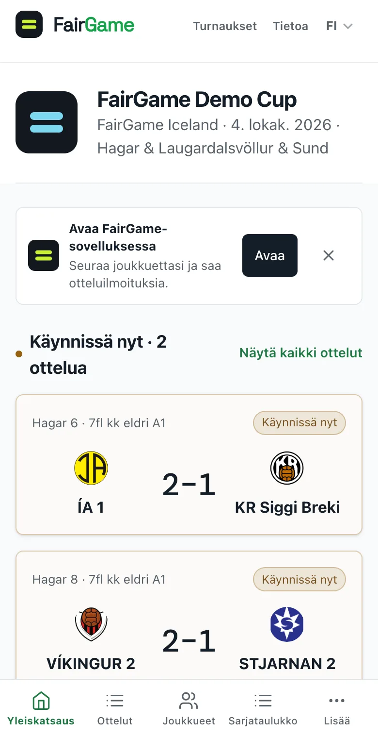 Julkaistu turnaus puhelimessa ja turnauksen otsikon alla Avaa FairGame-sovelluksessa -banneri.