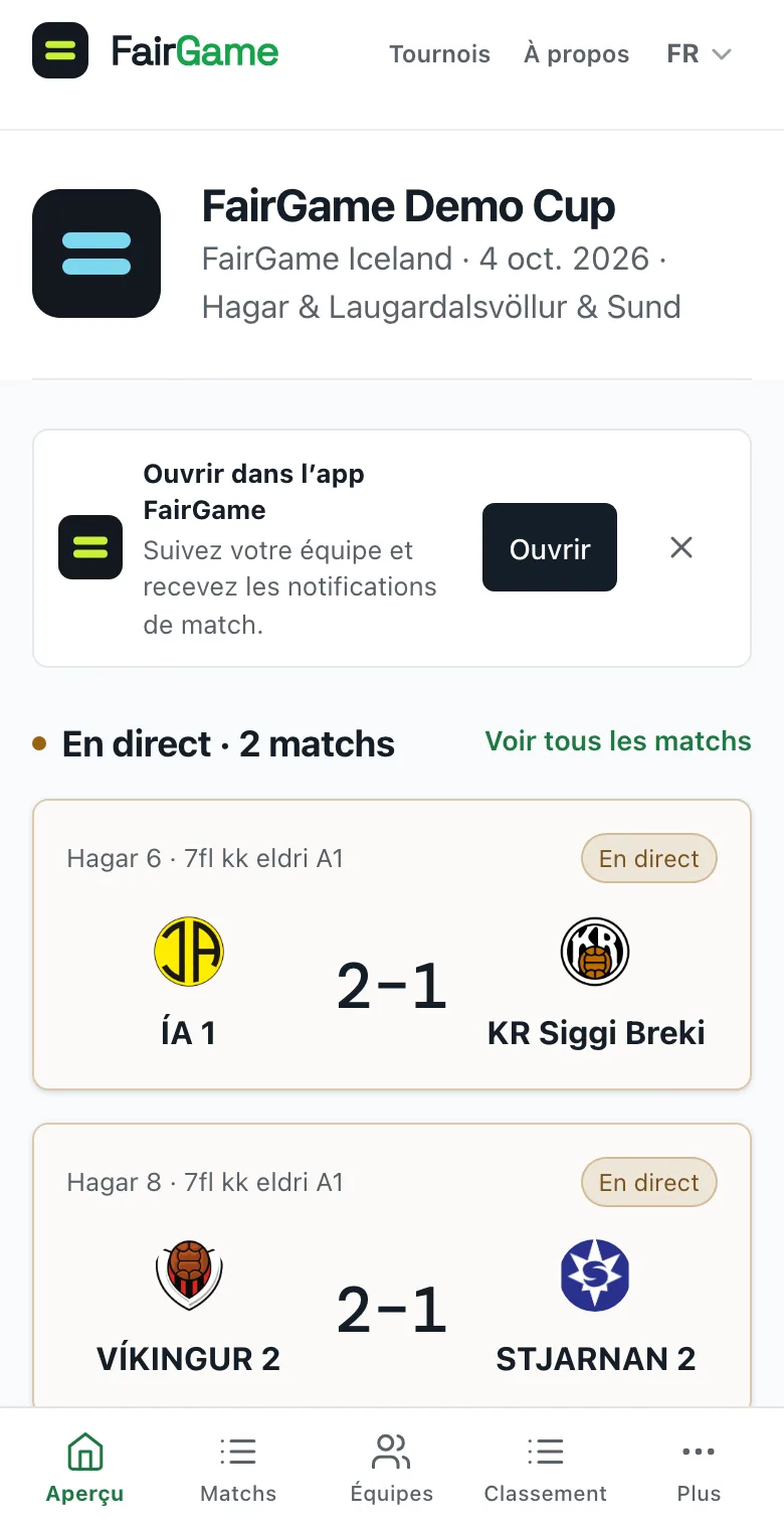 Un tournoi publié sur un téléphone, avec la bannière Ouvrir dans l’app FairGame sous l’en-tête du tournoi.