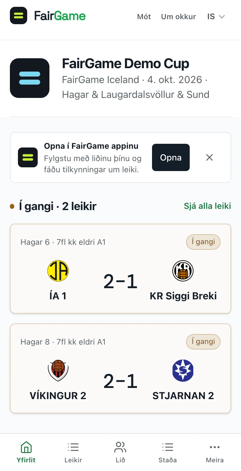 Birt mót í síma með borða undir haus mótsins sem segir Opna í FairGame appinu.