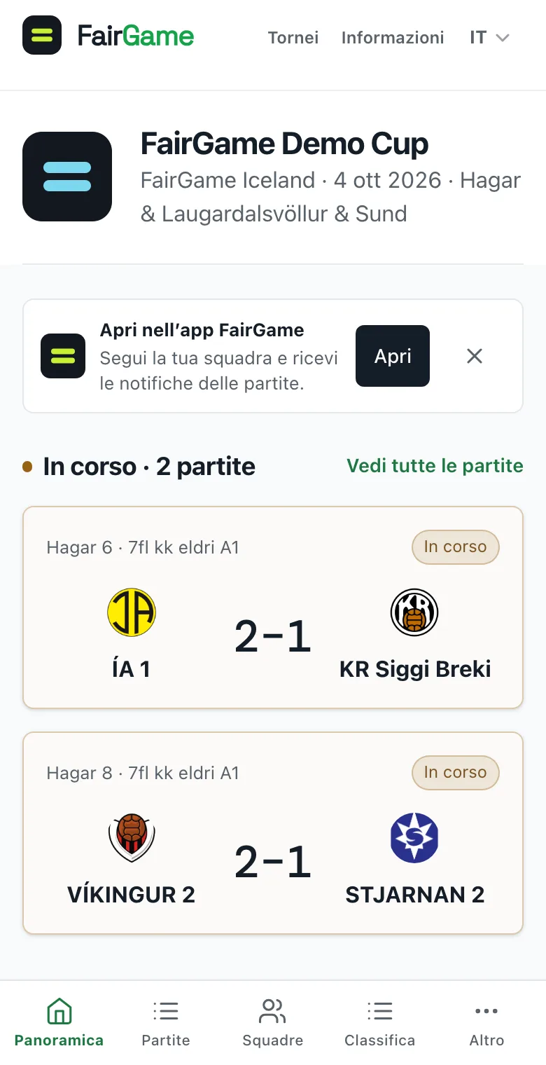 Un torneo pubblicato su un telefono, con il banner Apri nell’app FairGame sotto l’intestazione del torneo.