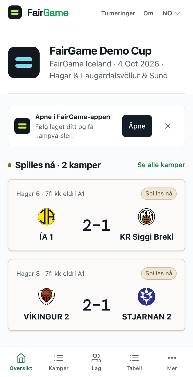 En publisert turnering på en telefon, med banneret Åpne i FairGame-appen under turneringens topptekst.