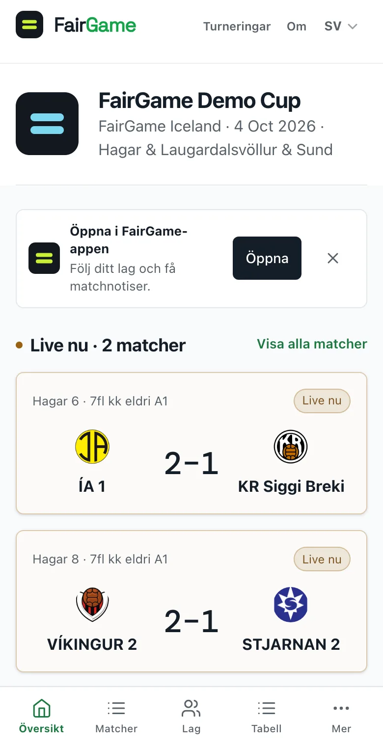 En publicerad turnering på en telefon, med bannern Öppna i FairGame-appen under turneringens sidhuvud.