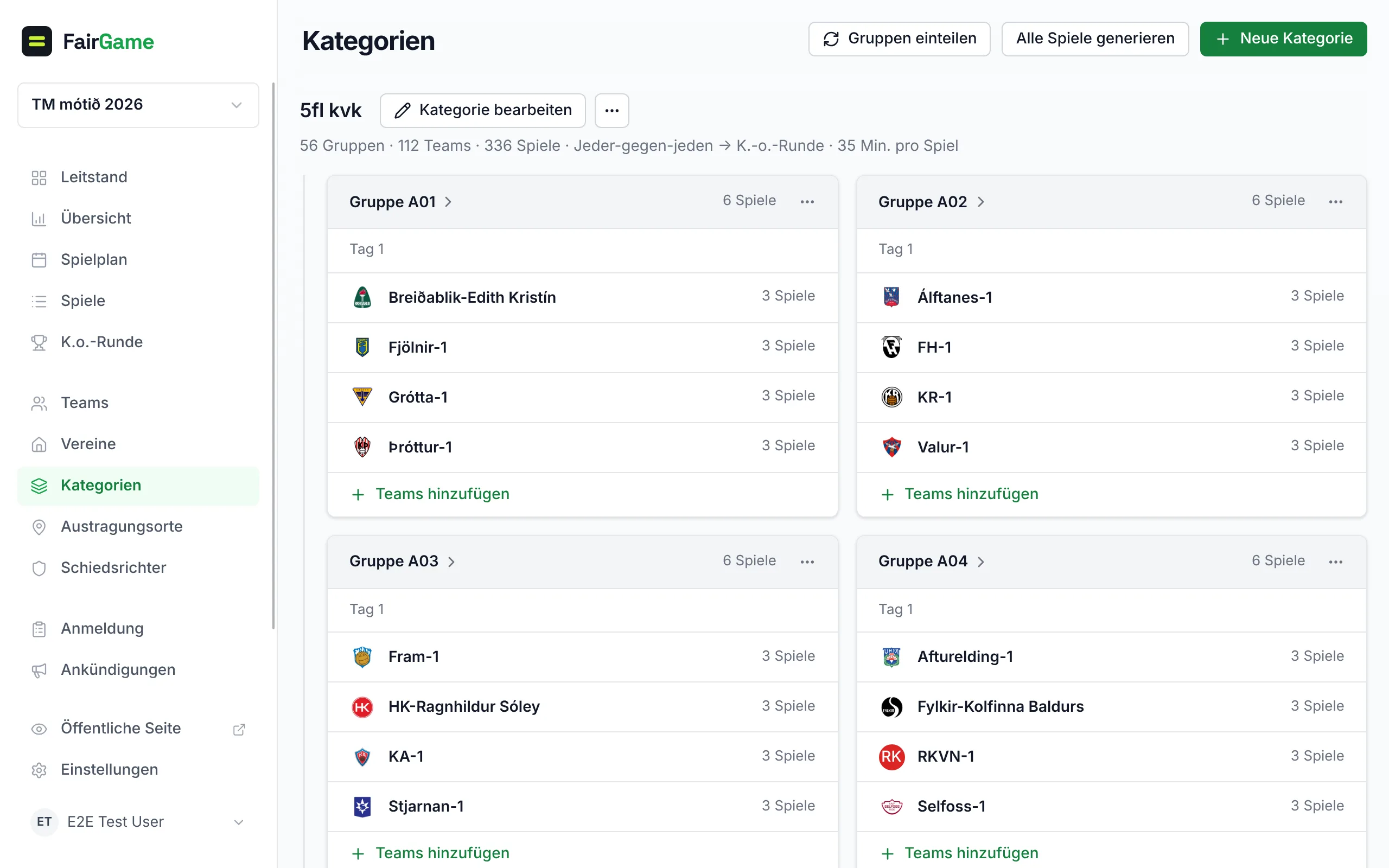 Kategorien: der Name jeder Kategorie mit Kategorie bearbeiten und ihrem ···-Menü daneben, ihre Eckdaten und darunter eingerückt ihre Gruppenkarten — jede mit einem Link zur Gruppe, einem ···-Menü und Teams hinzufügen.