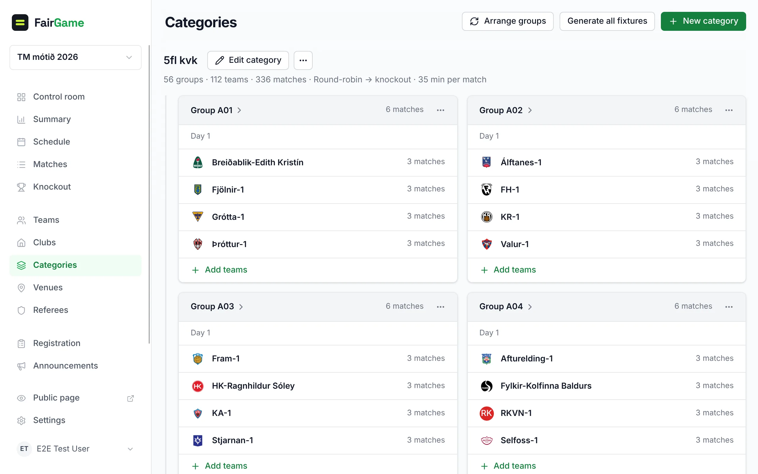 Categories: a category's name with Edit category and its ··· menu beside it, its facts, and its group cards indented under it — each with a group-name link, a ··· menu and Add teams.