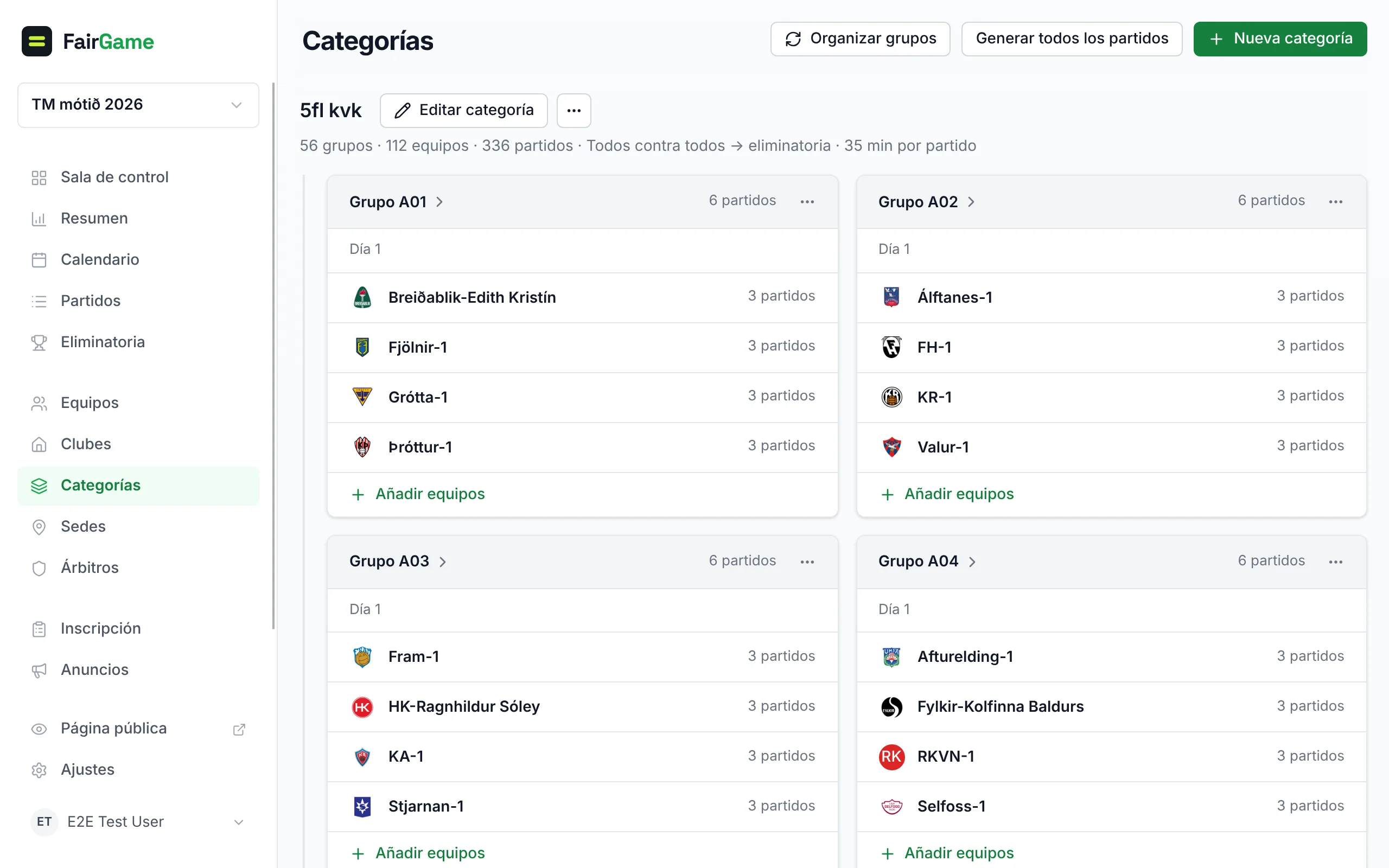 Categorías: el nombre de cada categoría con Editar categoría y su menú ··· al lado, sus datos y, sangradas debajo, las tarjetas de sus grupos, cada una con un enlace al grupo, un menú ··· y Añadir equipos.