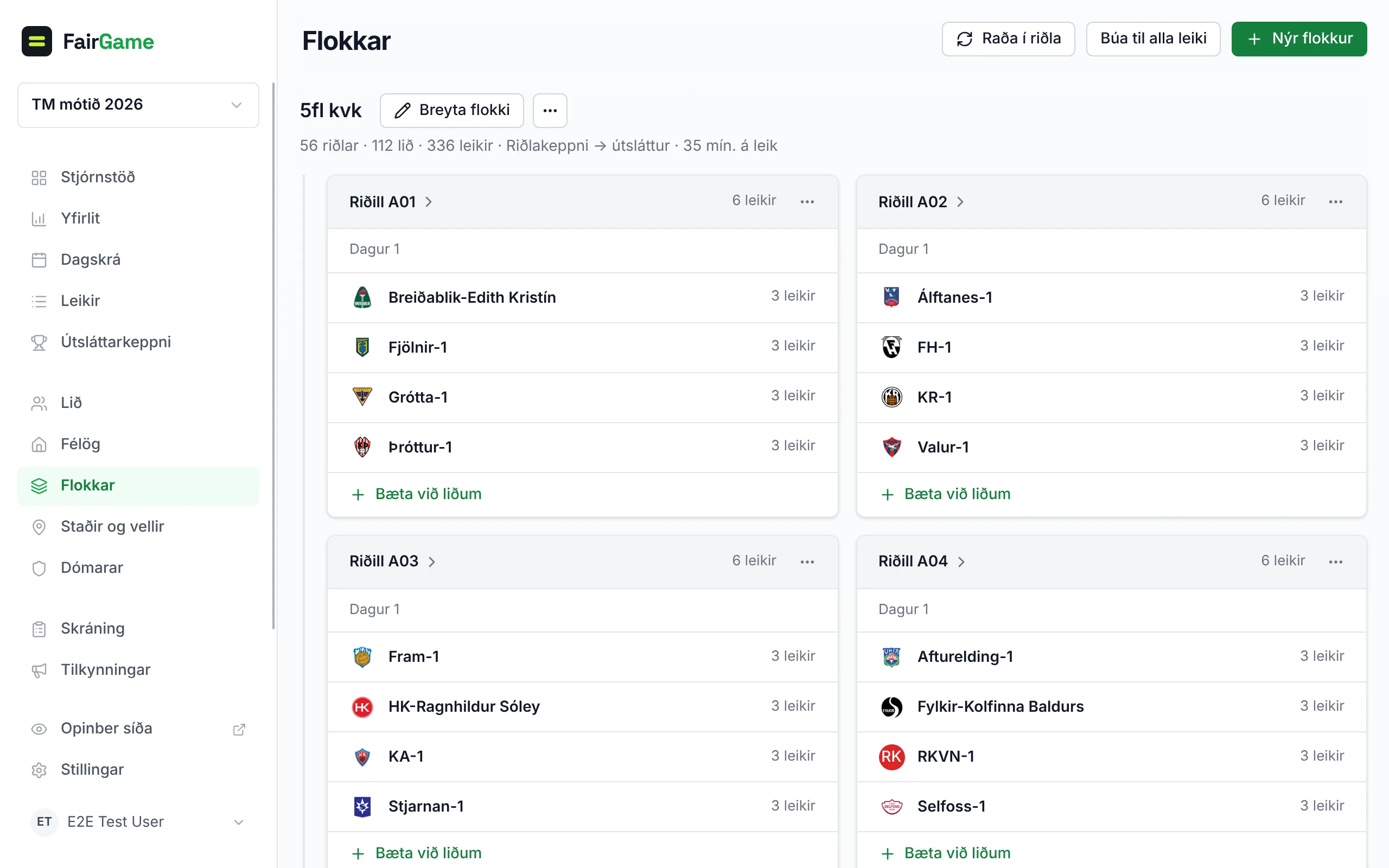 Flokkar: heiti hvers flokks með Breyta flokki og ···-valmynd við hliðina, lykiltölur hans og riðlaspjöldin inndregin undir honum — hvert með tengli á riðilinn, ···-valmynd og Bæta við liðum.