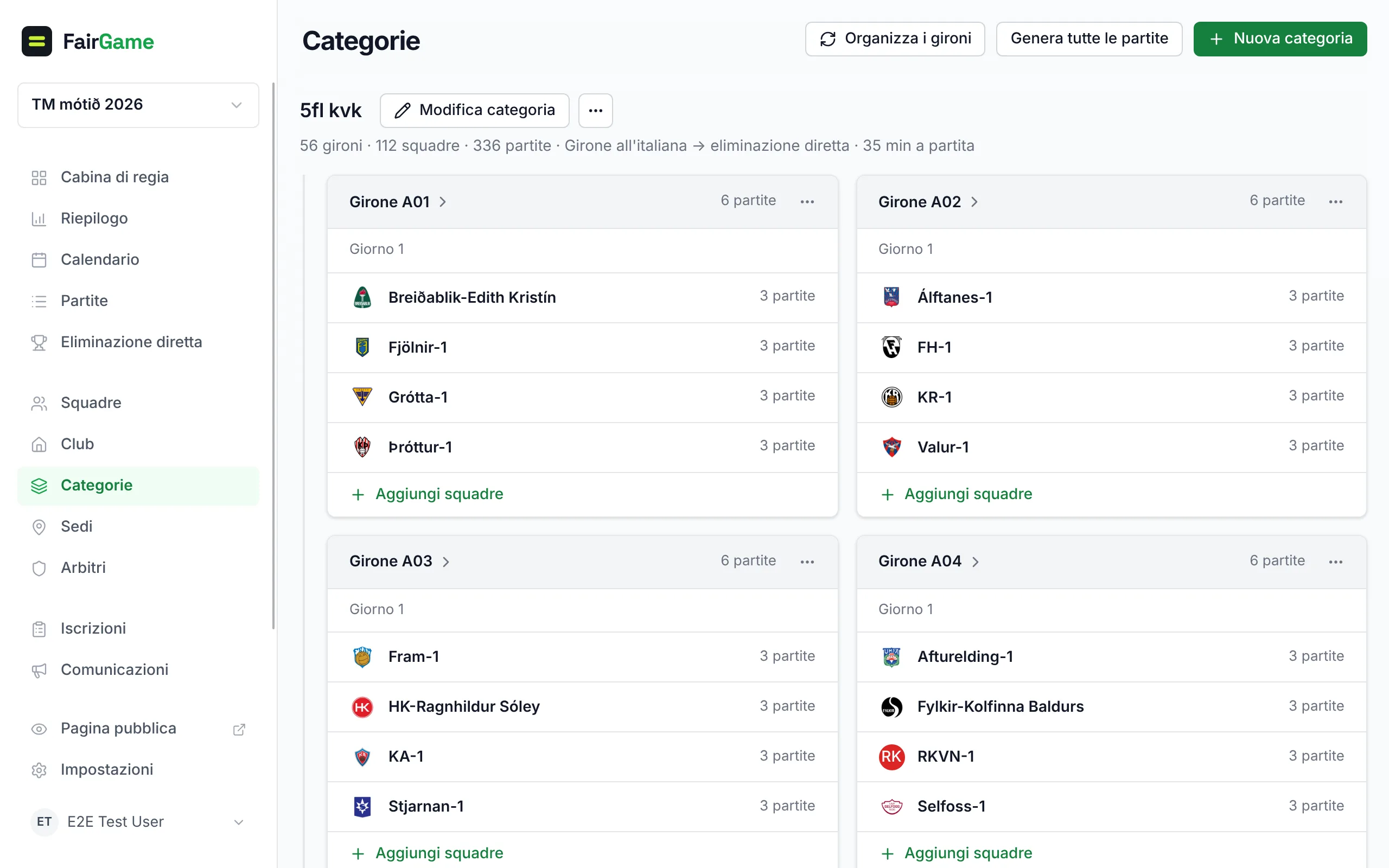 Categorie: il nome di ogni categoria con Modifica categoria e il suo menu ··· accanto, i suoi dati e, rientrate sotto, le schede dei gironi, ciascuna con un link al girone, un menu ··· e Aggiungi squadre.