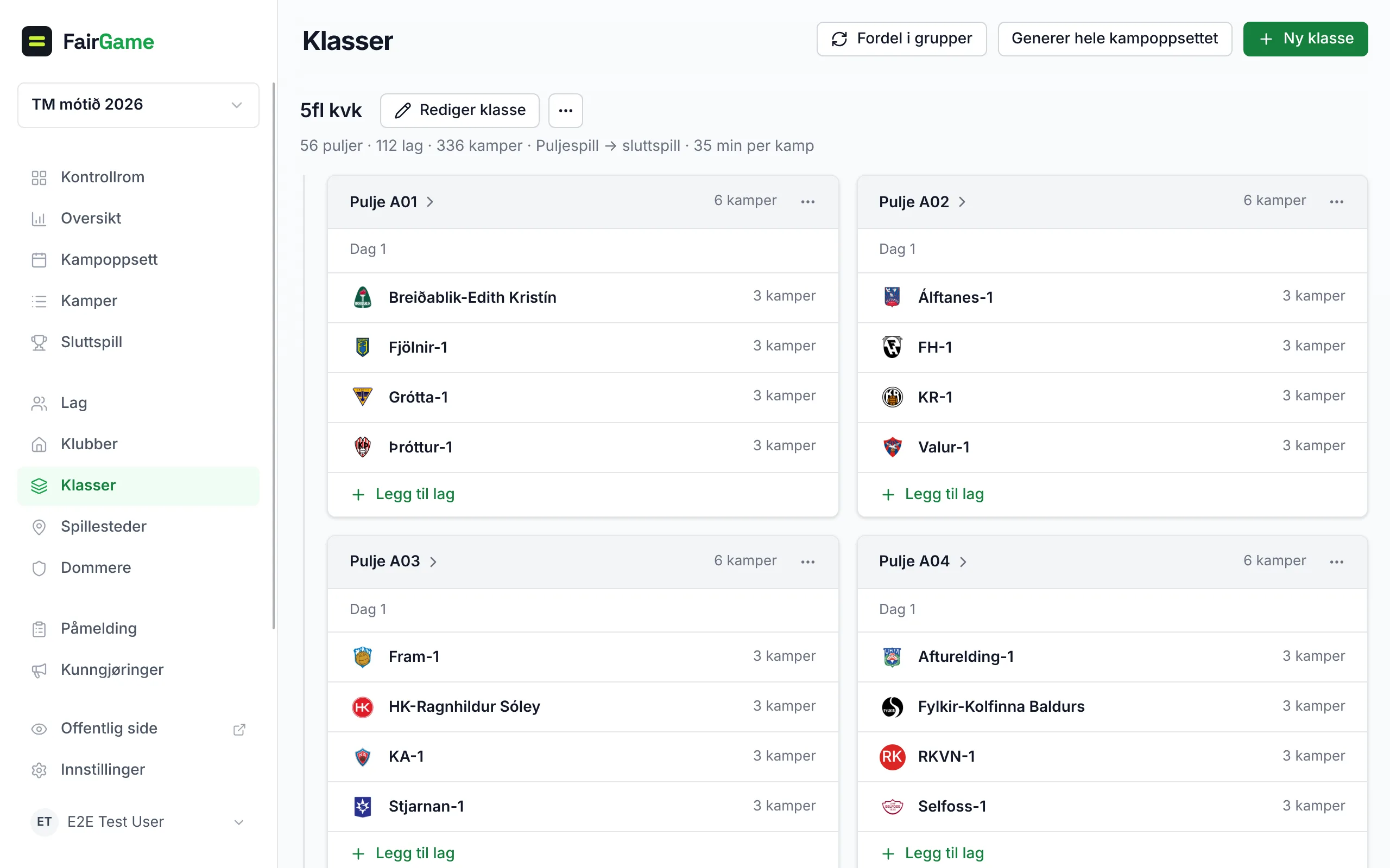 Klasser: navnet på hver klasse med Rediger klasse og ···-menyen ved siden av, nøkkeltallene og puljekortene innrykket under — hvert med en lenke til puljen, en ···-meny og Legg til lag.