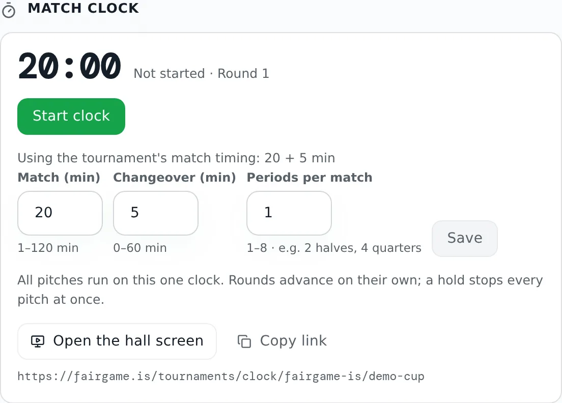 The Match clock panel before the day starts: the match and changeover lengths taken from the tournament's match timing, the periods field, and the Start clock button.