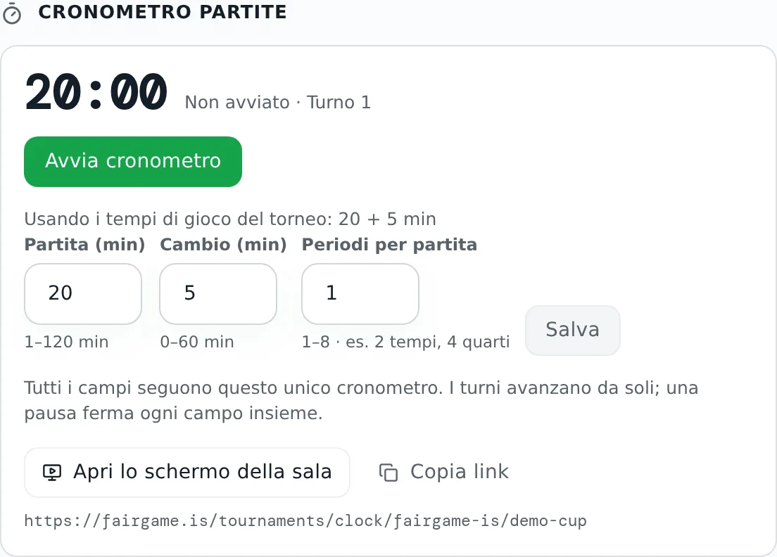 Il pannello Cronometro partite prima dell'inizio della giornata: le durate della partita e del cambio ricavate dai tempi delle partite del torneo, il campo dei periodi e il pulsante Avvia cronometro.