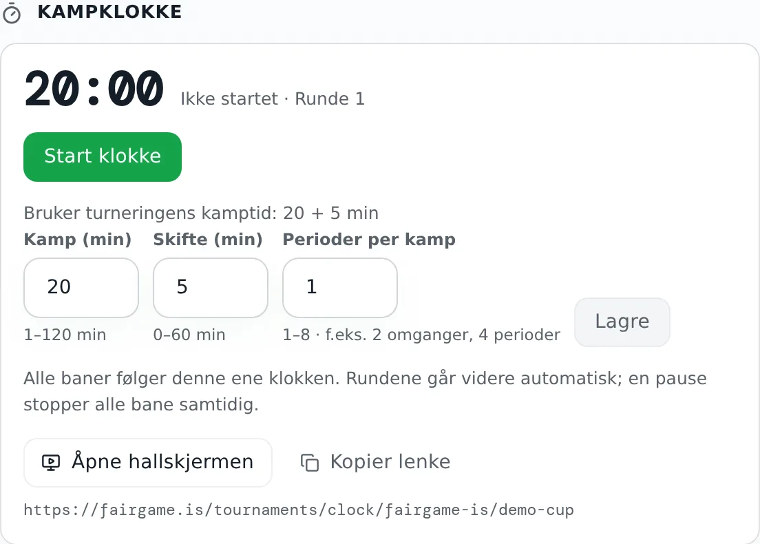 Panelet Kampklokke før dagen starter: kamp- og skiftelengdene hentet fra turneringens kamptider, feltet for perioder samt knappen Start klokke.