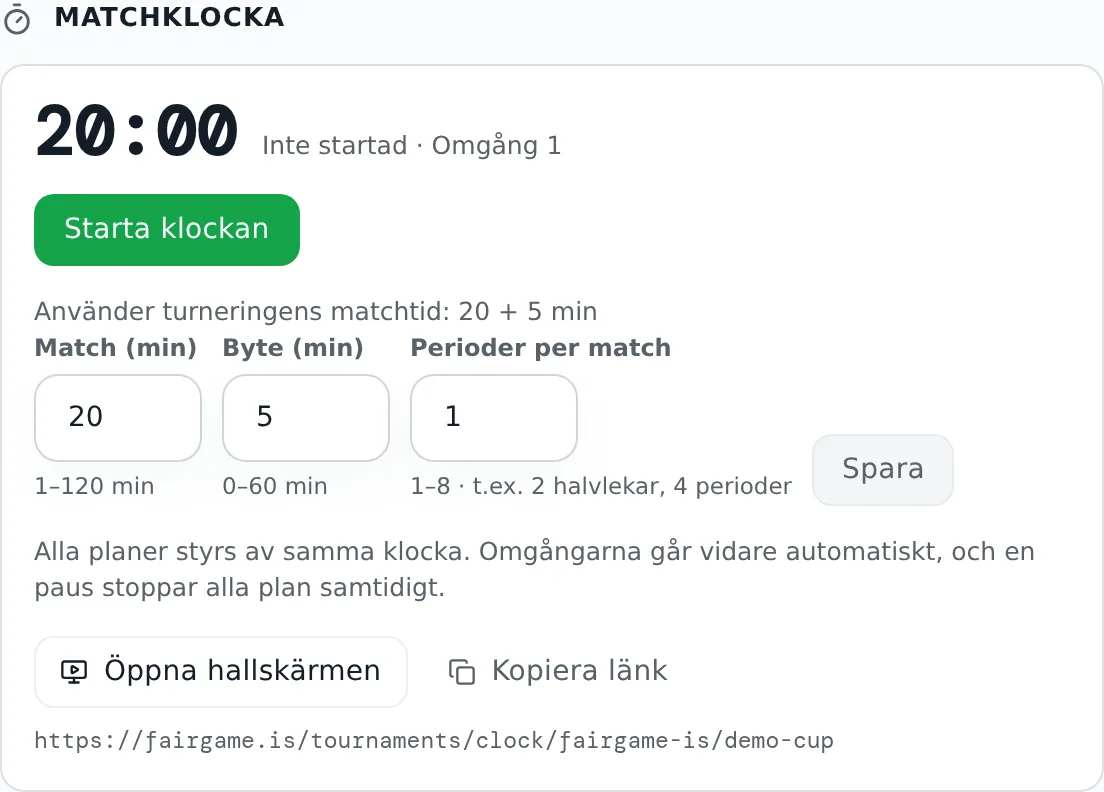 Panelen Matchklocka innan dagen börjar: match- och bytestiderna hämtade från turneringens matchtider, fältet för perioder samt knappen Starta klockan.
