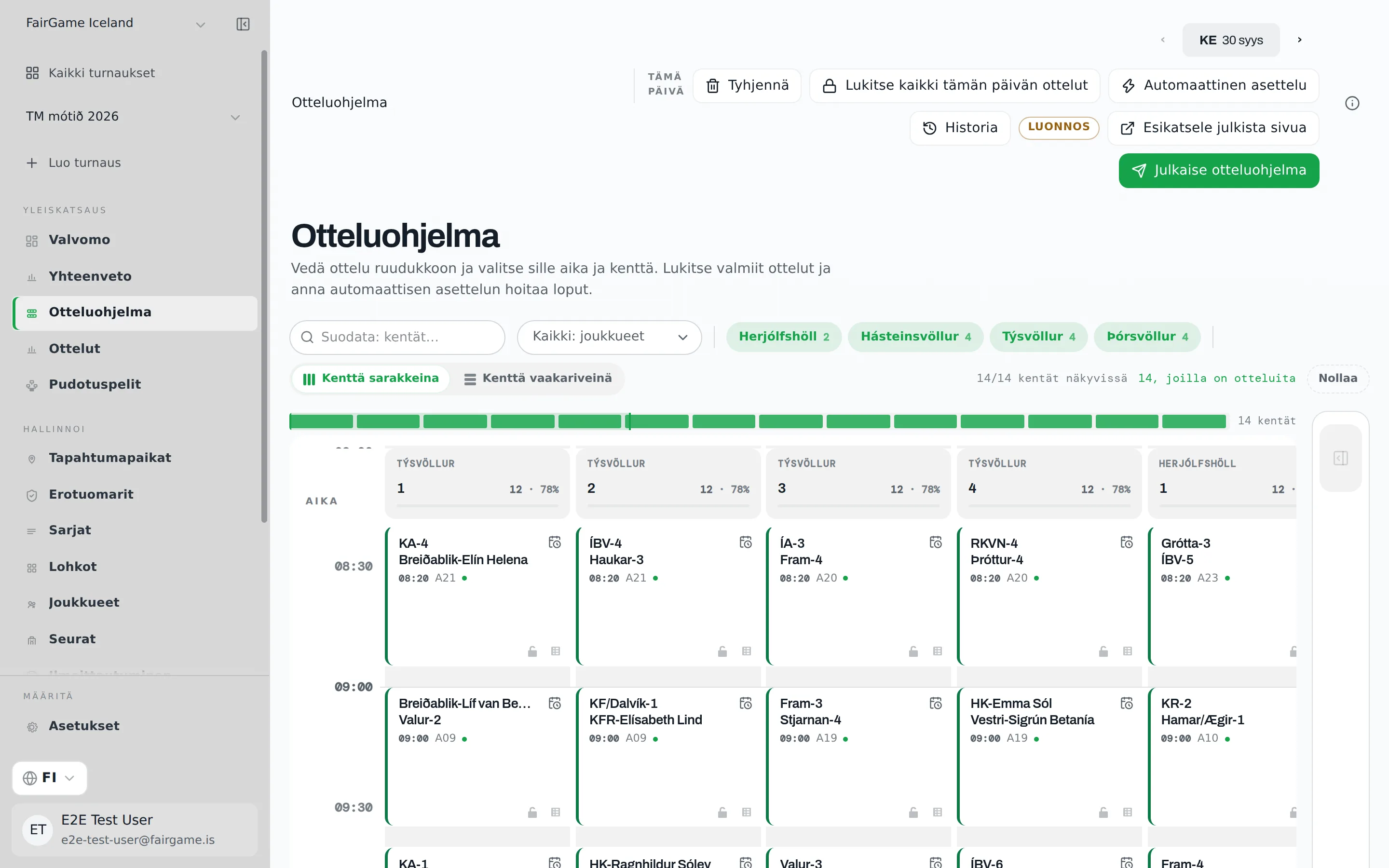 Otteluohjelma-taulu: päivän kentät pelipaikoittain ryhmiteltyinä sarakkeina, aika kulkee alaspäin, jokaisella ottelulla on oma korttinsa ja ylätunnisteessa ovat päivän toiminnot.