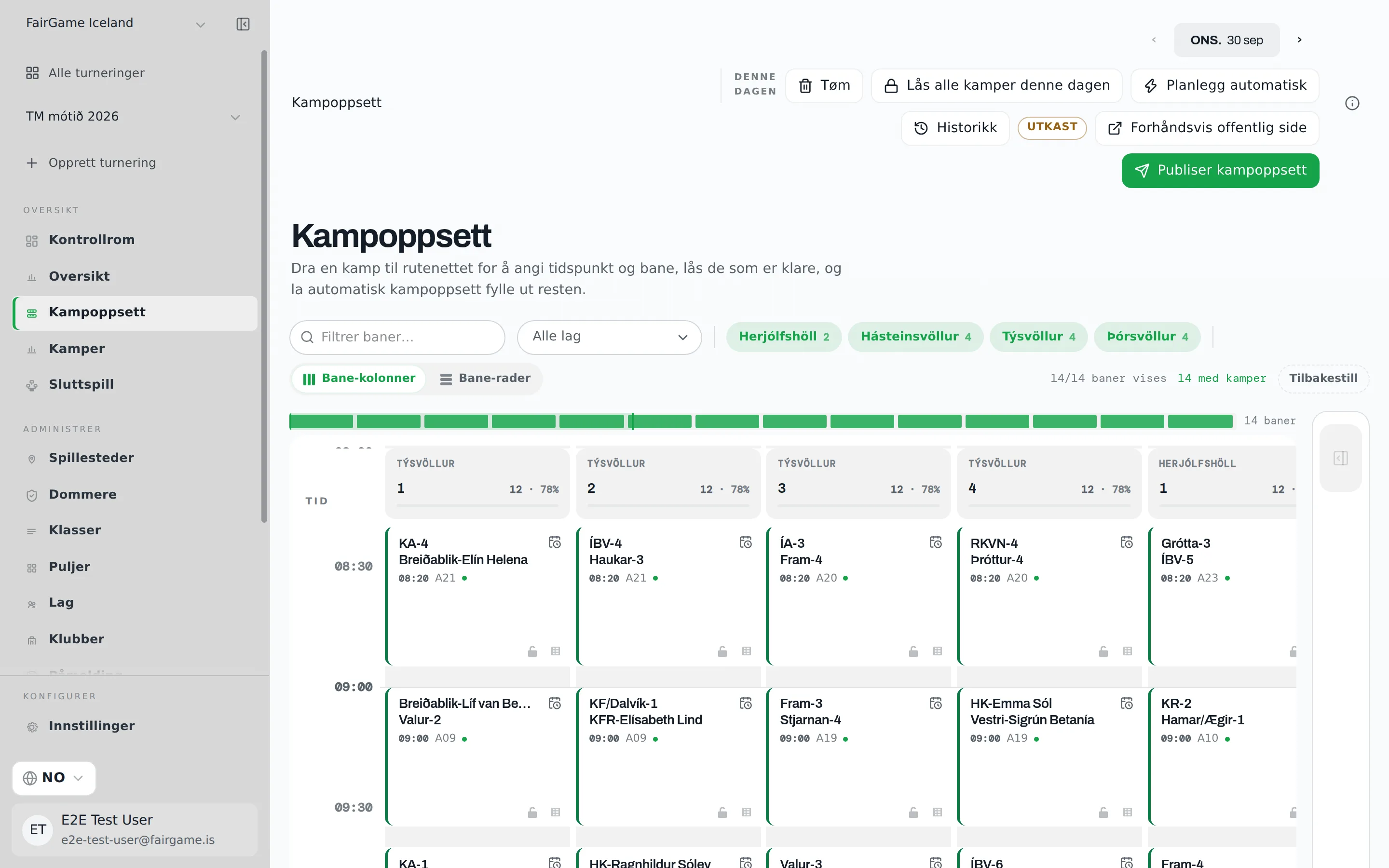 Kampoppsett-tavlen: dagens baner som kolonner gruppert etter arena, tid nedover, ett kort per kamp og dagens handlinger i toppteksten.