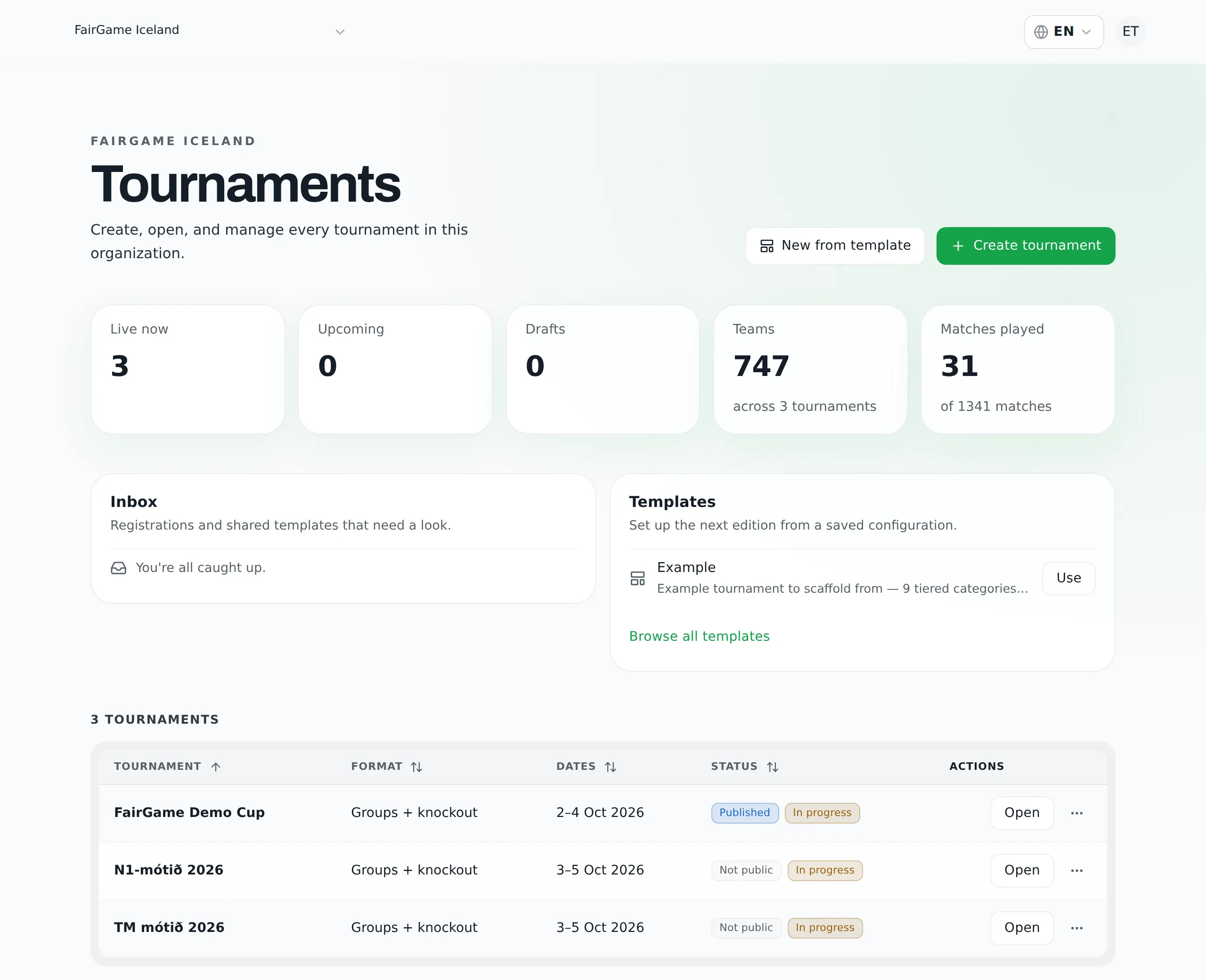 The tournament list with status badges and the inbox.