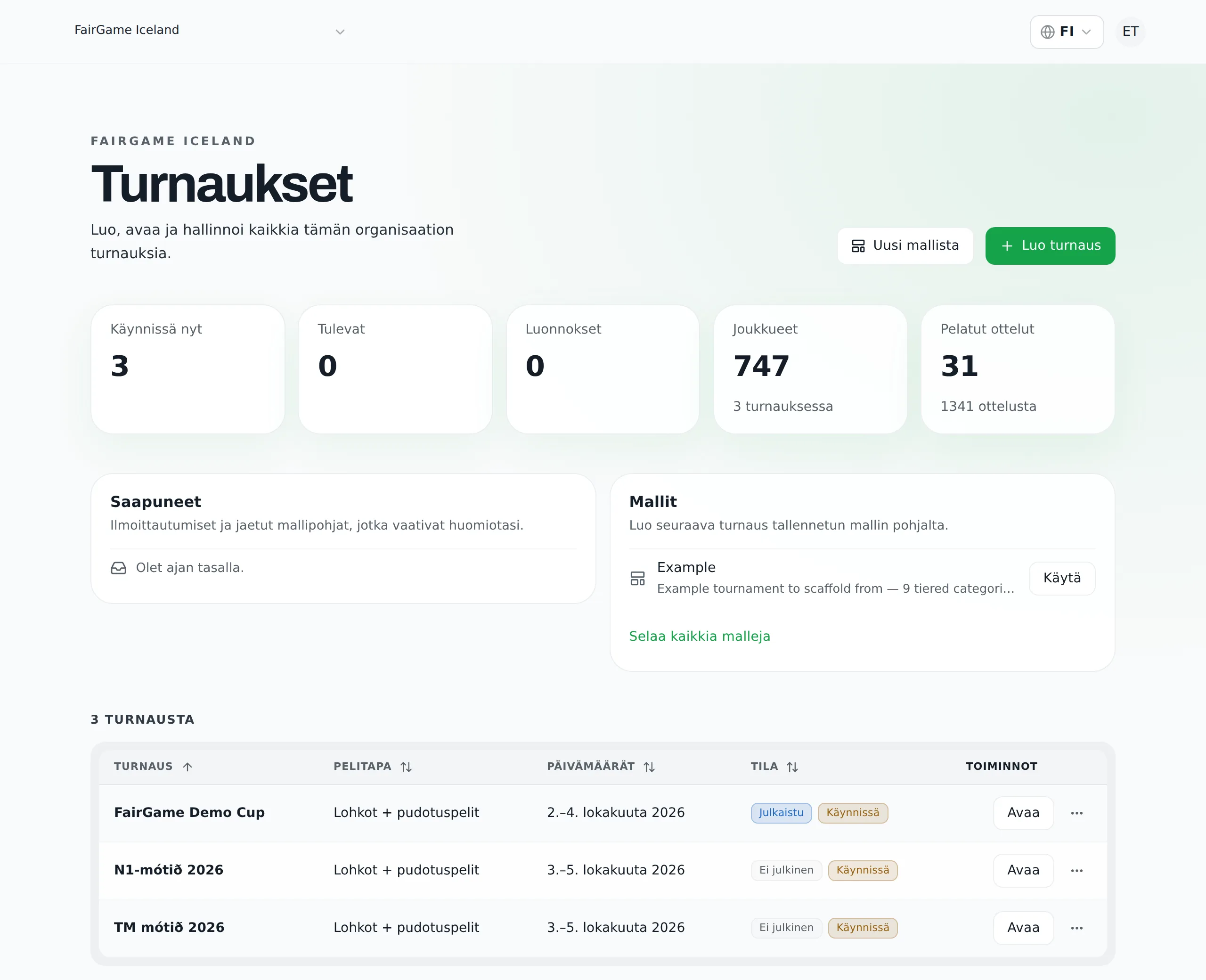 Turnausluettelo, jossa näkyvät tilamerkinnät ja saapuneet.