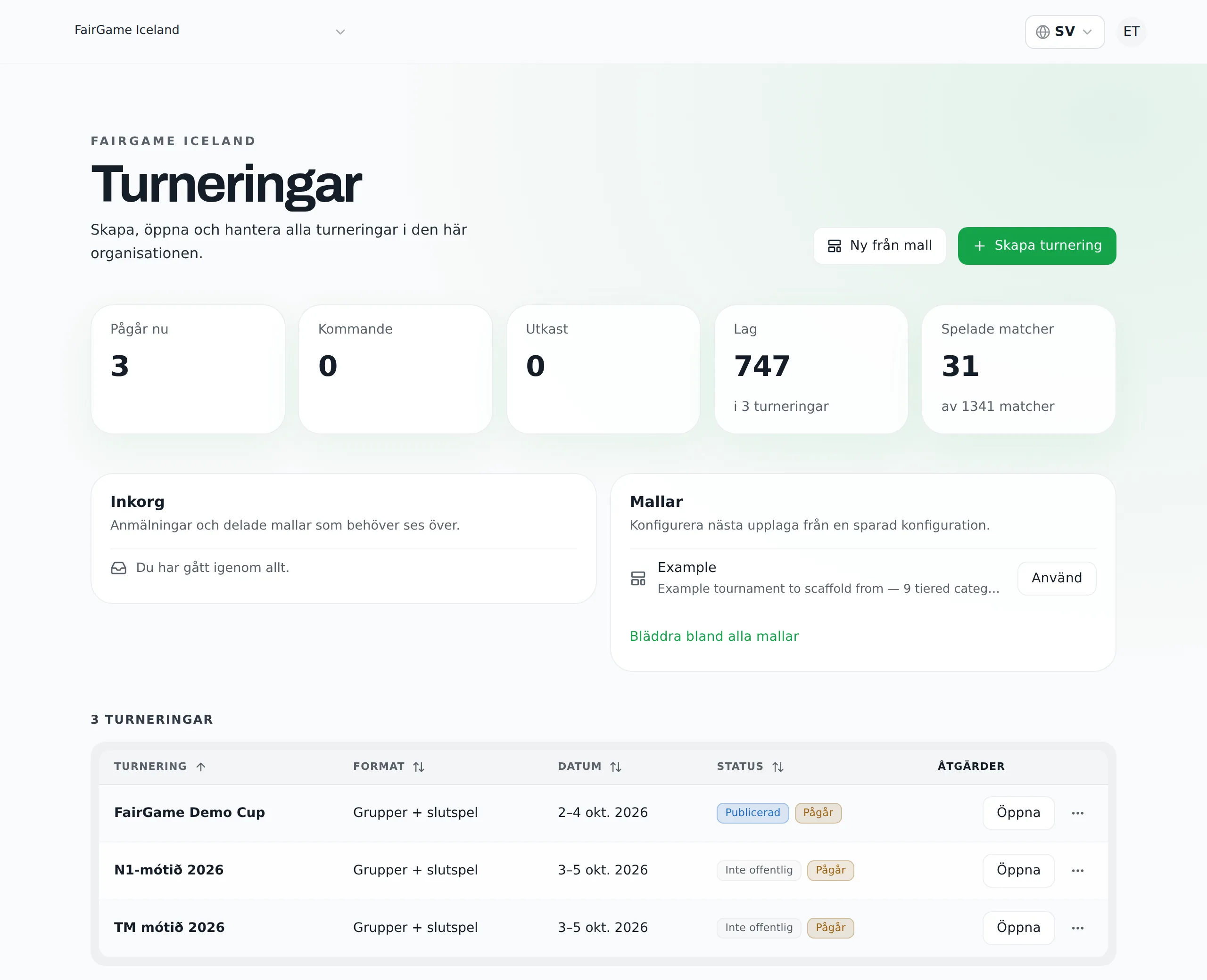 Turneringlistan med statusmärken och inkorg.