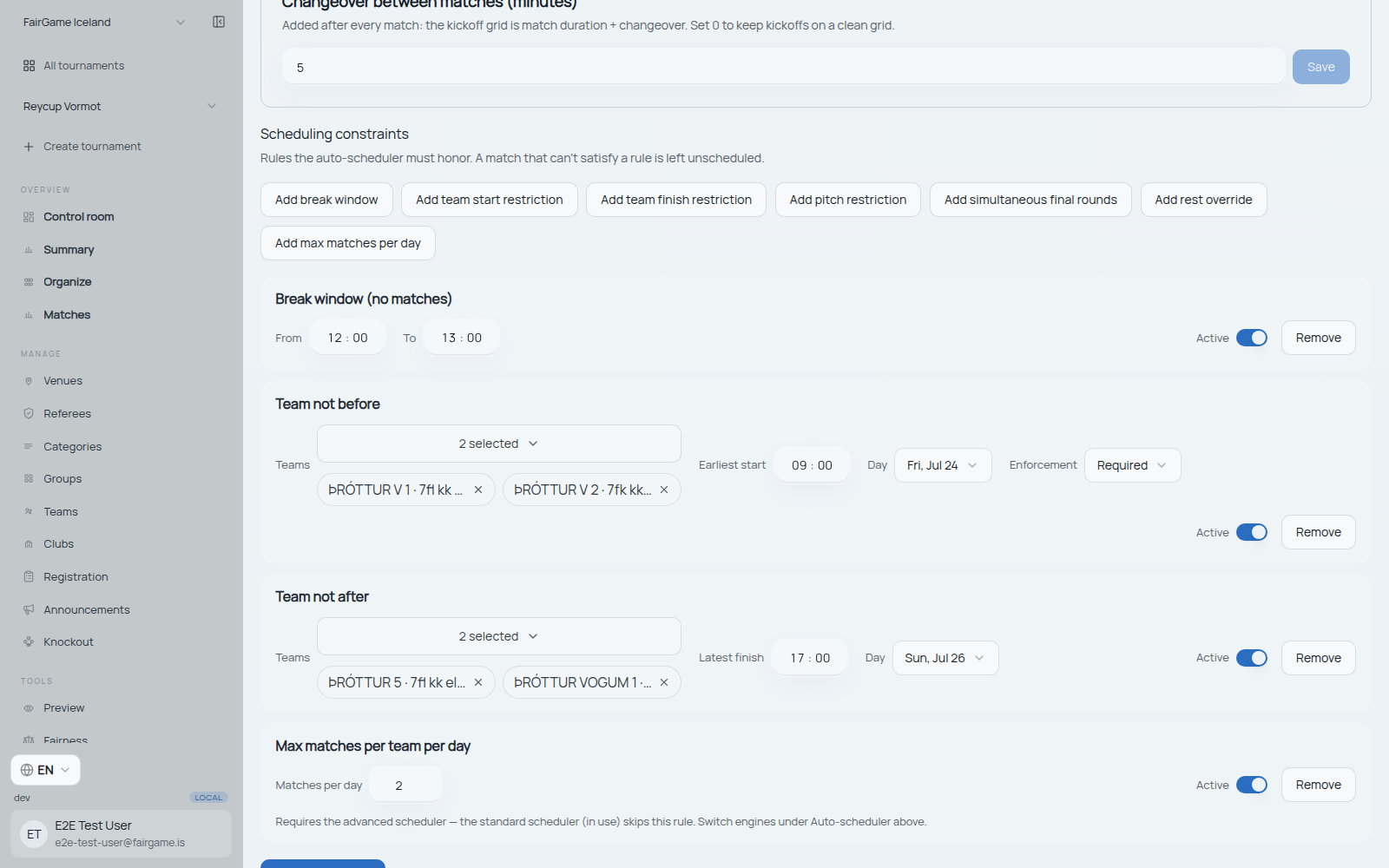 FairGame's scheduling constraints panel listing rules — team rest, break windows, arrival and departure limits — each set to required or preferred