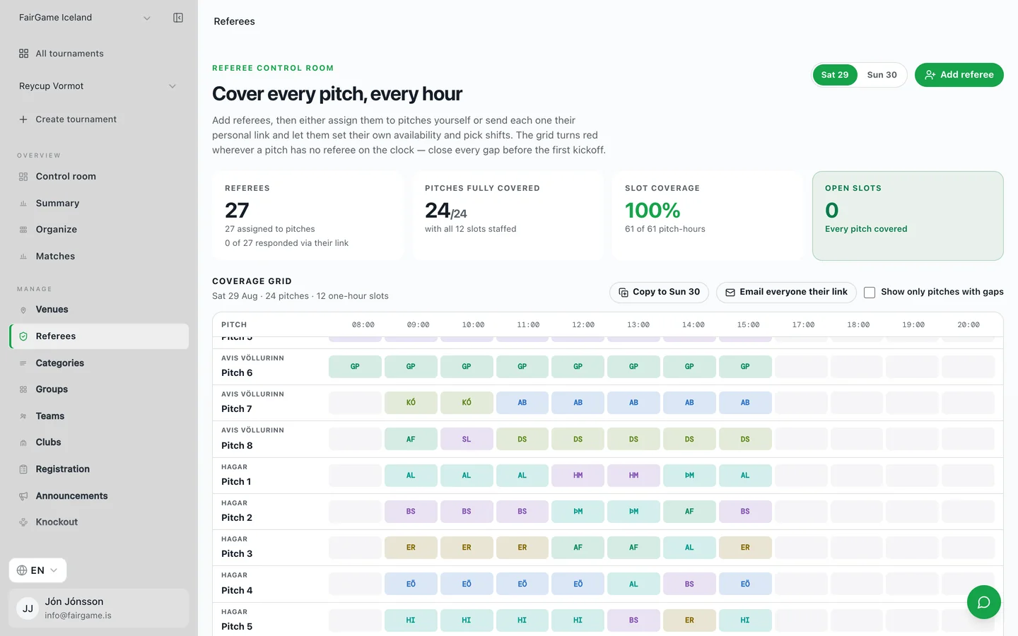 FairGamen erotuomarien vuorotaulukko, jossa tuomari on nimetty jokaiselle kentälle ja päivän jokaiselle tunnille. Taulukko näyttää täyden miehityksen ilman avoimia vuoroja.
