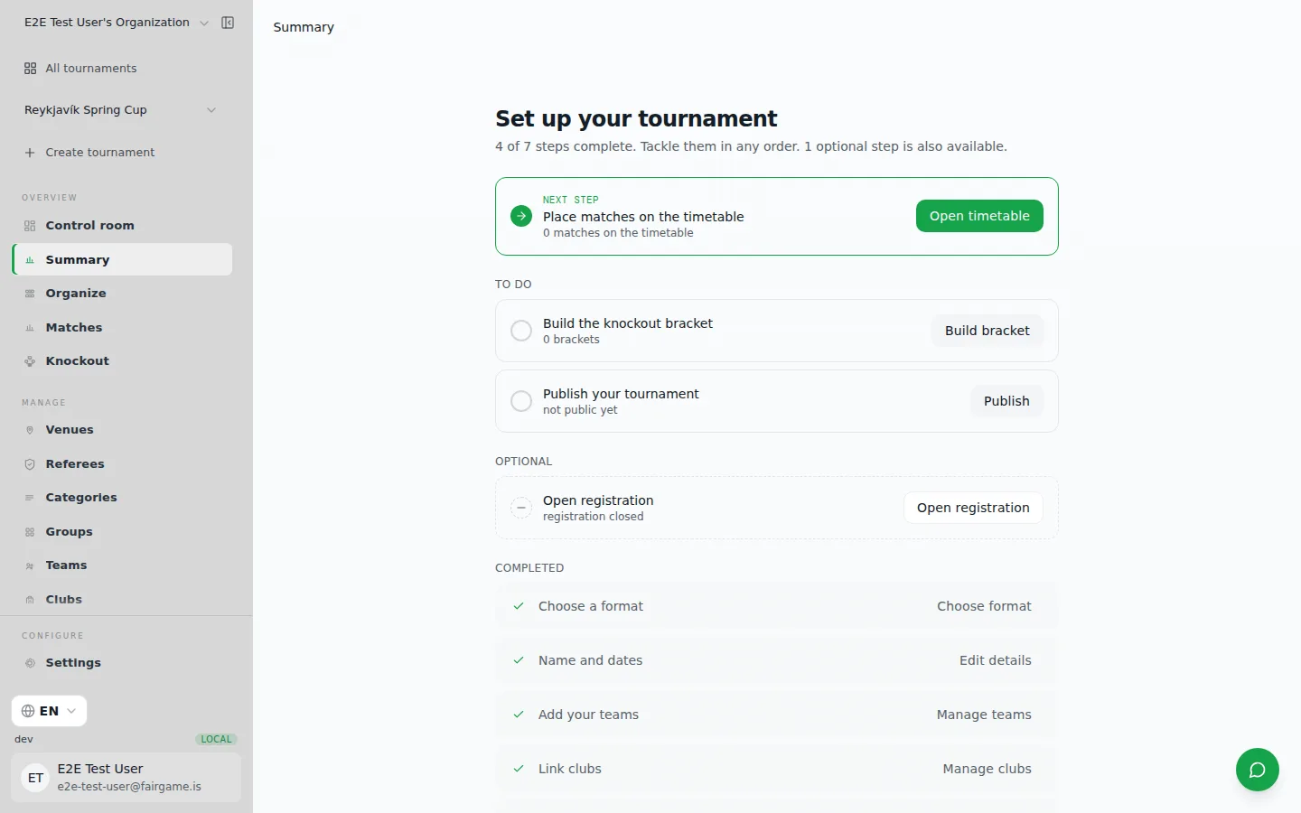 La lista di controllo riepilogativa del torneo è suddivisa in Prossimo passaggio, Da fare, Facoltativi e Completati