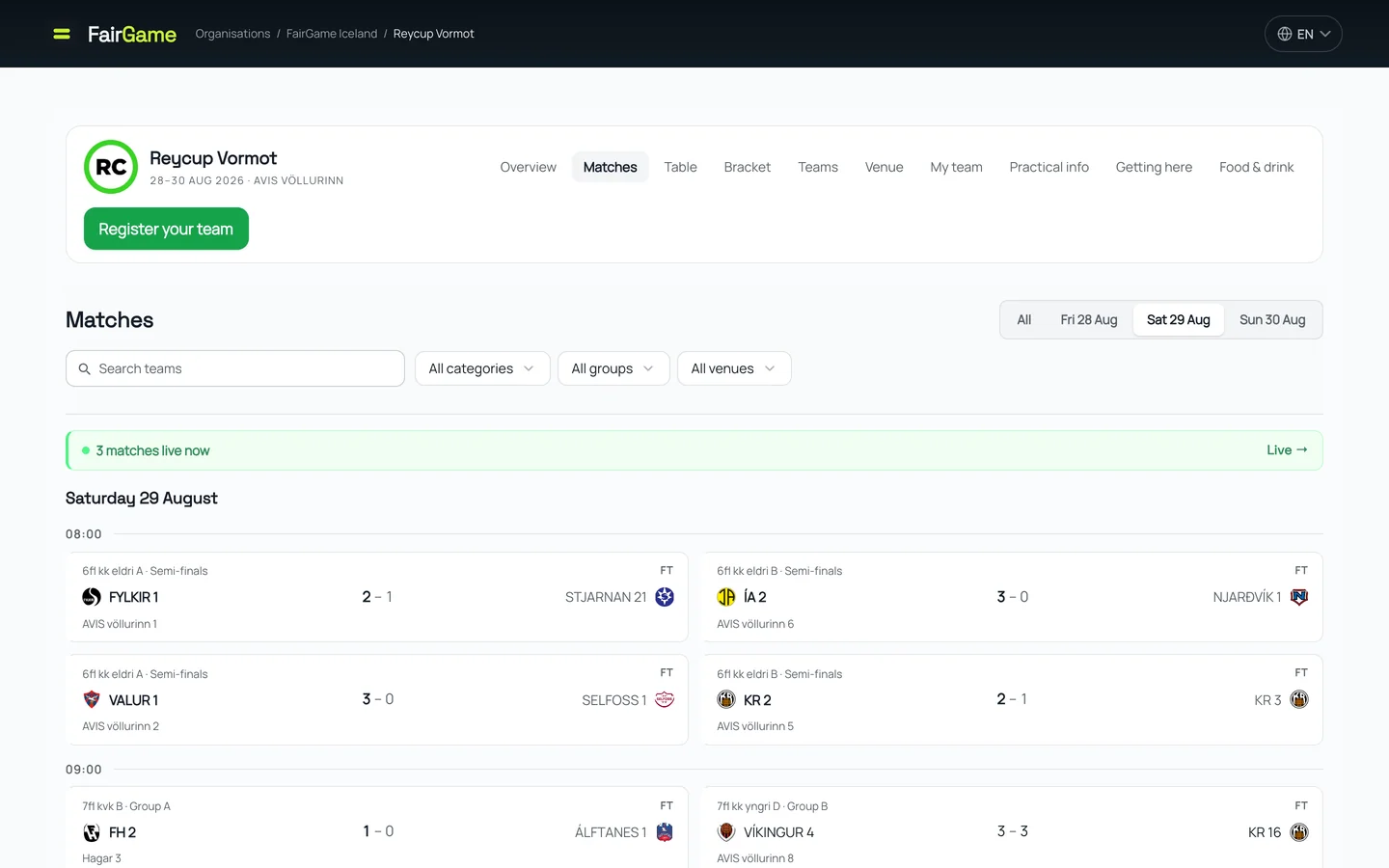 FairGame's public results page showing live match results by day, with team badges, scores, groups and pitches for players and parents to follow