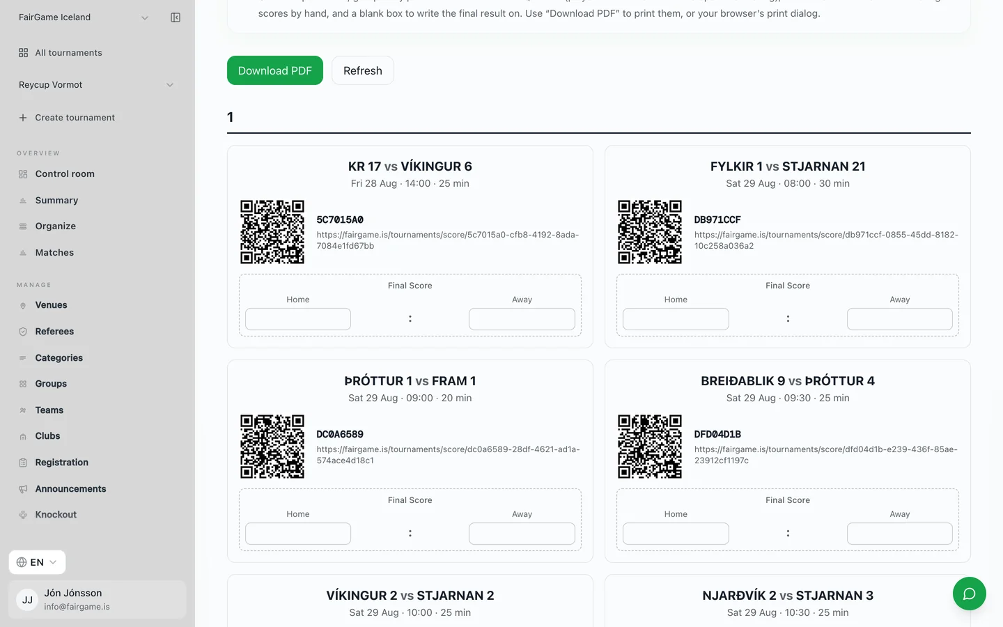 Printable FairGame match cards, each with the teams, kickoff time, pitch and a QR code a referee scans to open that match's score-entry page