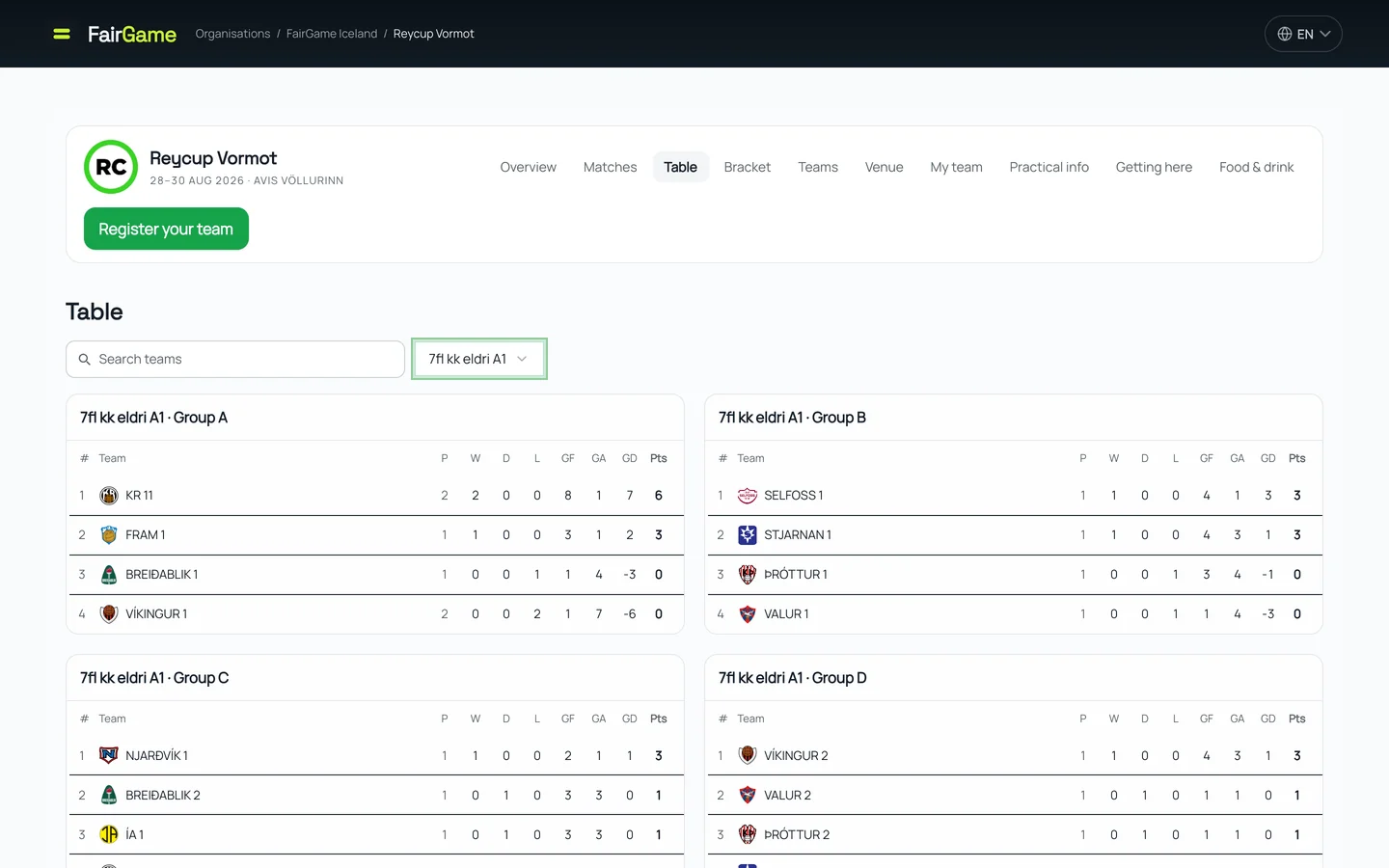 FairGame public group standings showing played, won, drawn, lost, goals for and against, goal difference and points for every team