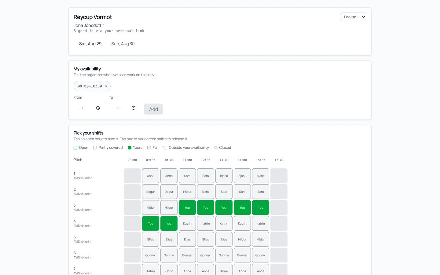 A preview of the referee's own view — set the hours you can work, then take the shifts you want. The two green cells are shifts this referee claimed. A referee's personal portal on a phone — their availability window for the day, then a pitch-by-hour grid where two claimed shifts are marked as theirs and the remaining hours are open to take